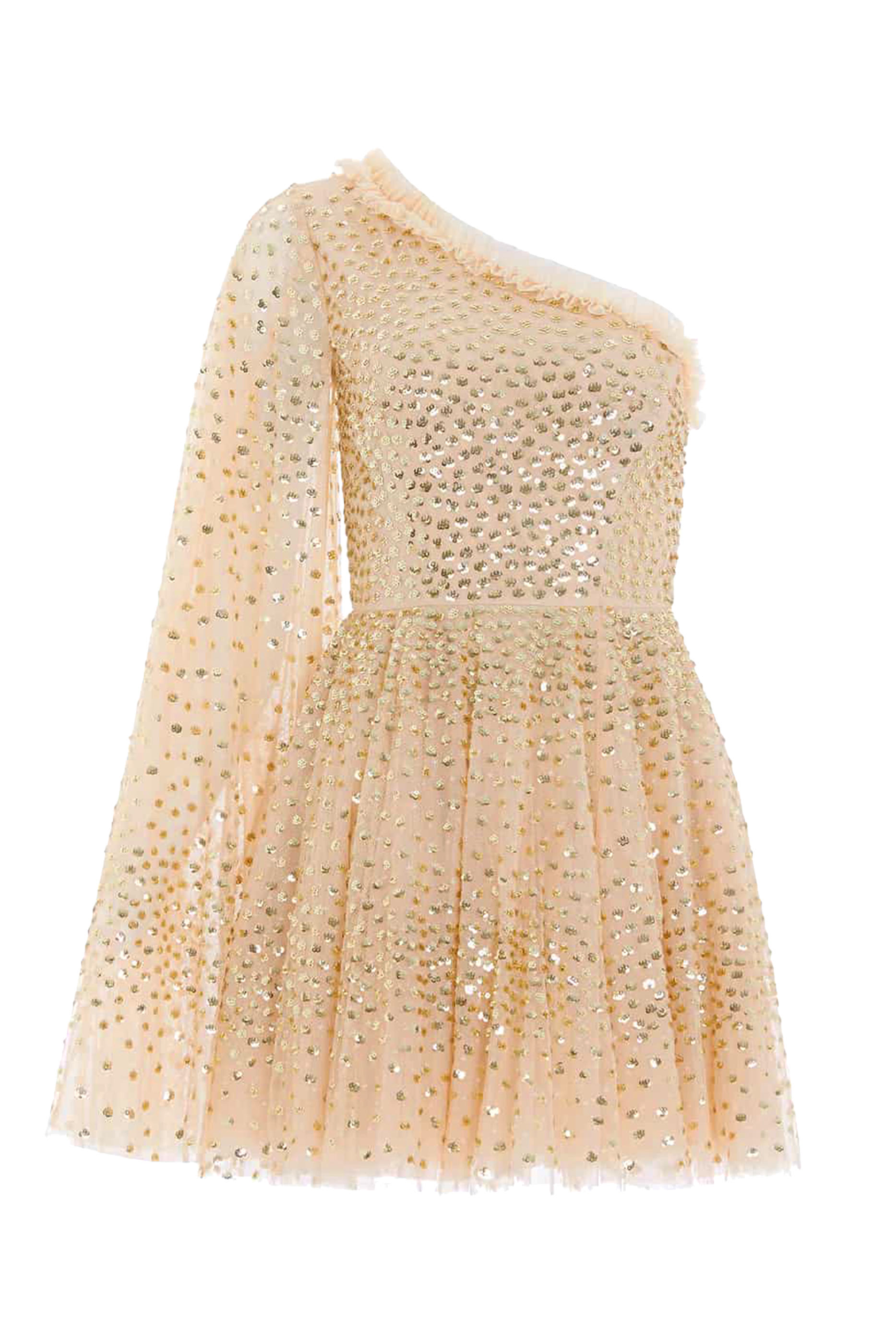 فستان قصير بكتف واحد مكشوف  ونقشة نقاط متناثرة