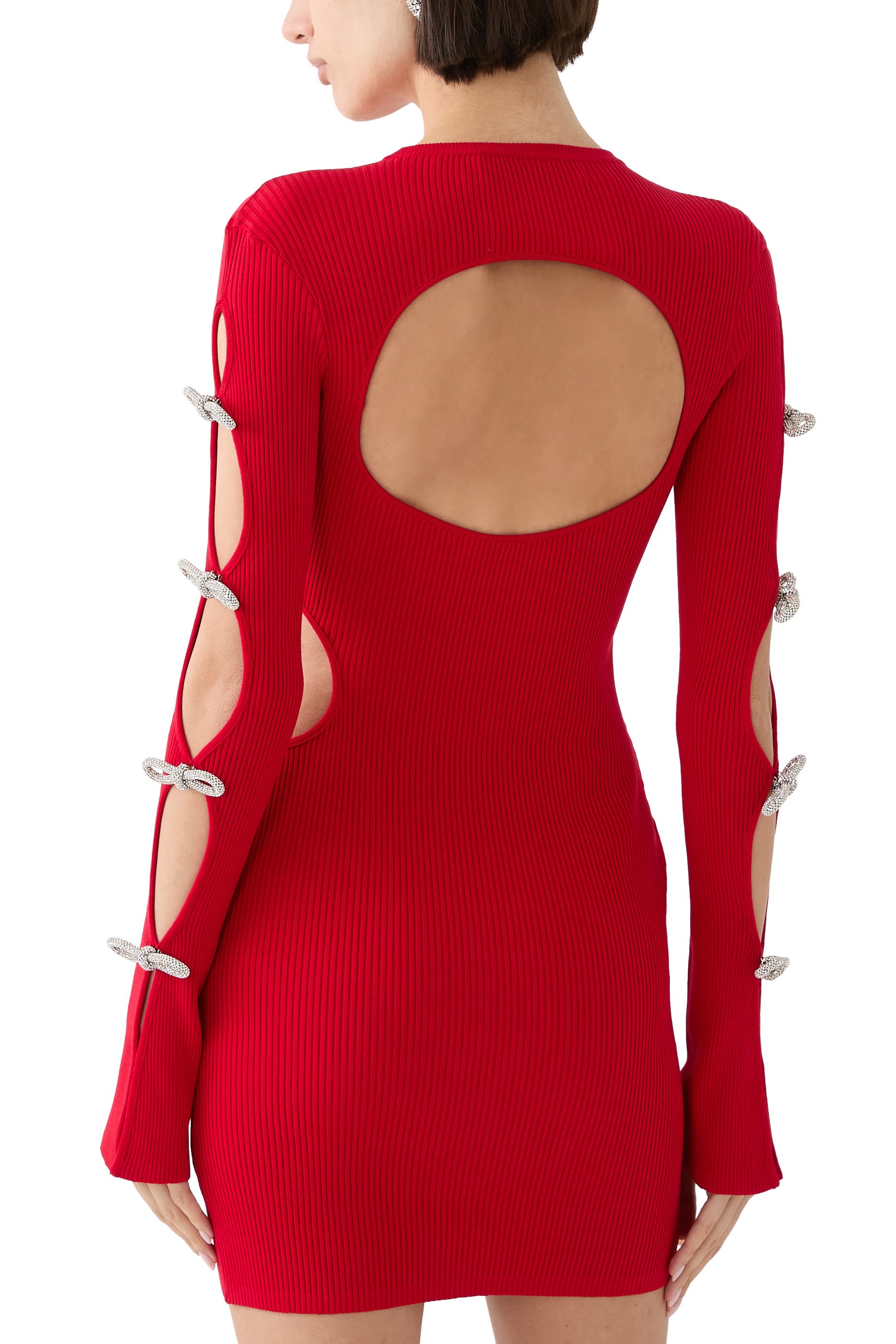 فستان قصير بأكمام مزينة بفتحات وربطات فيونكة