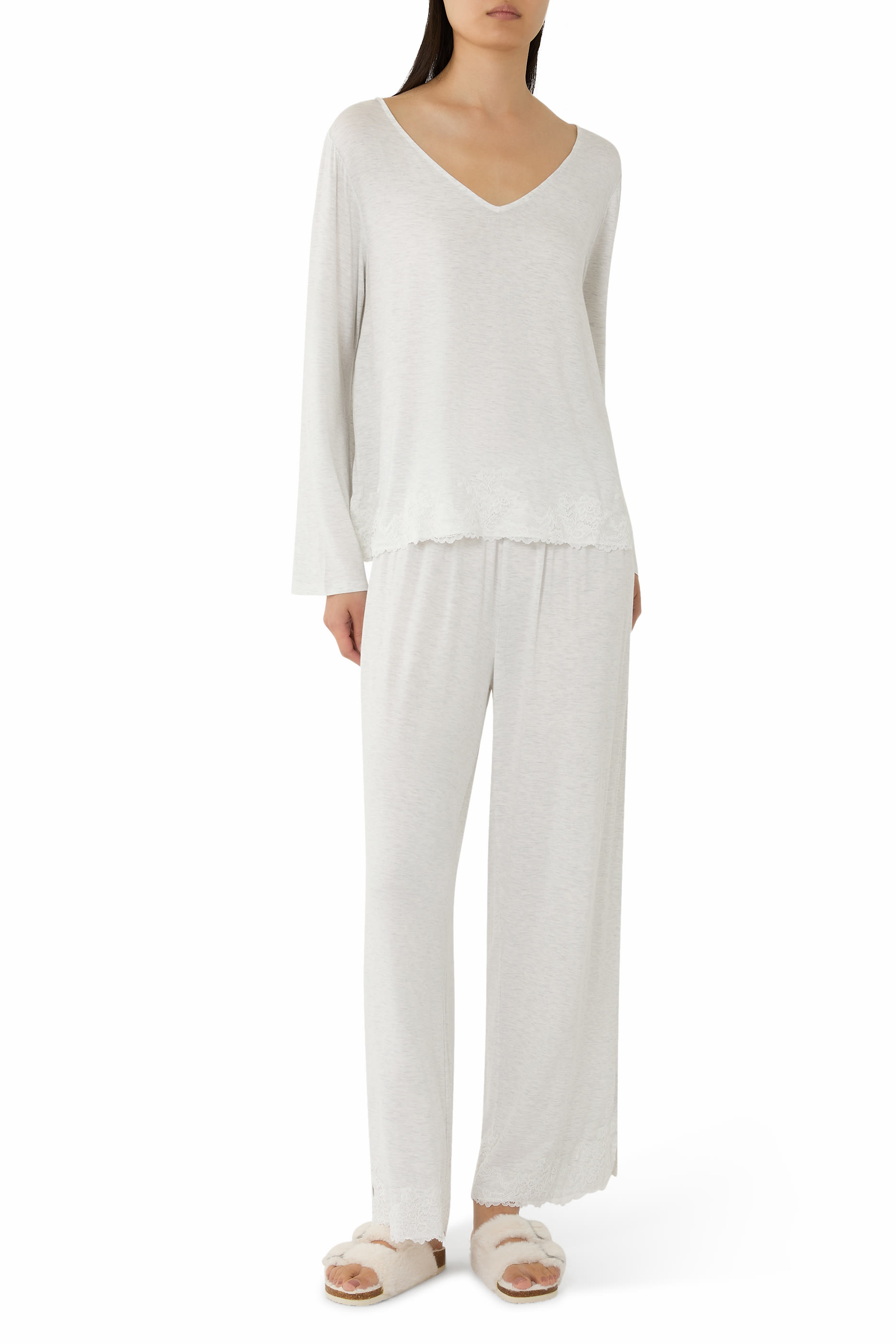 طقم بيجامة جيرسيه بأكمام طويلة وأجزاء دانتيل