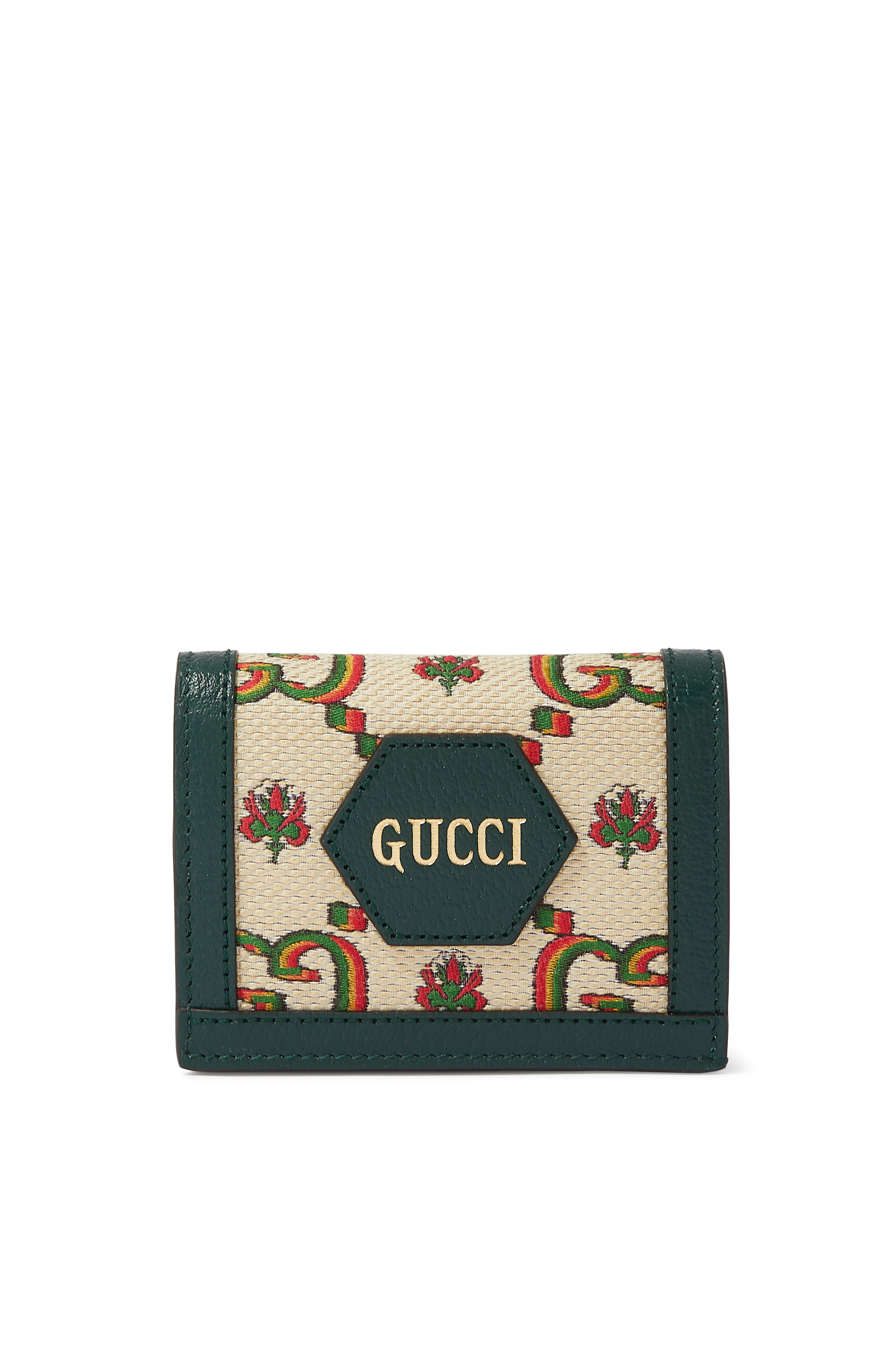 محفظة بفتحات للبطاقات جاكار باللونين الأخضر والبيج من مجموعة Gucci 100