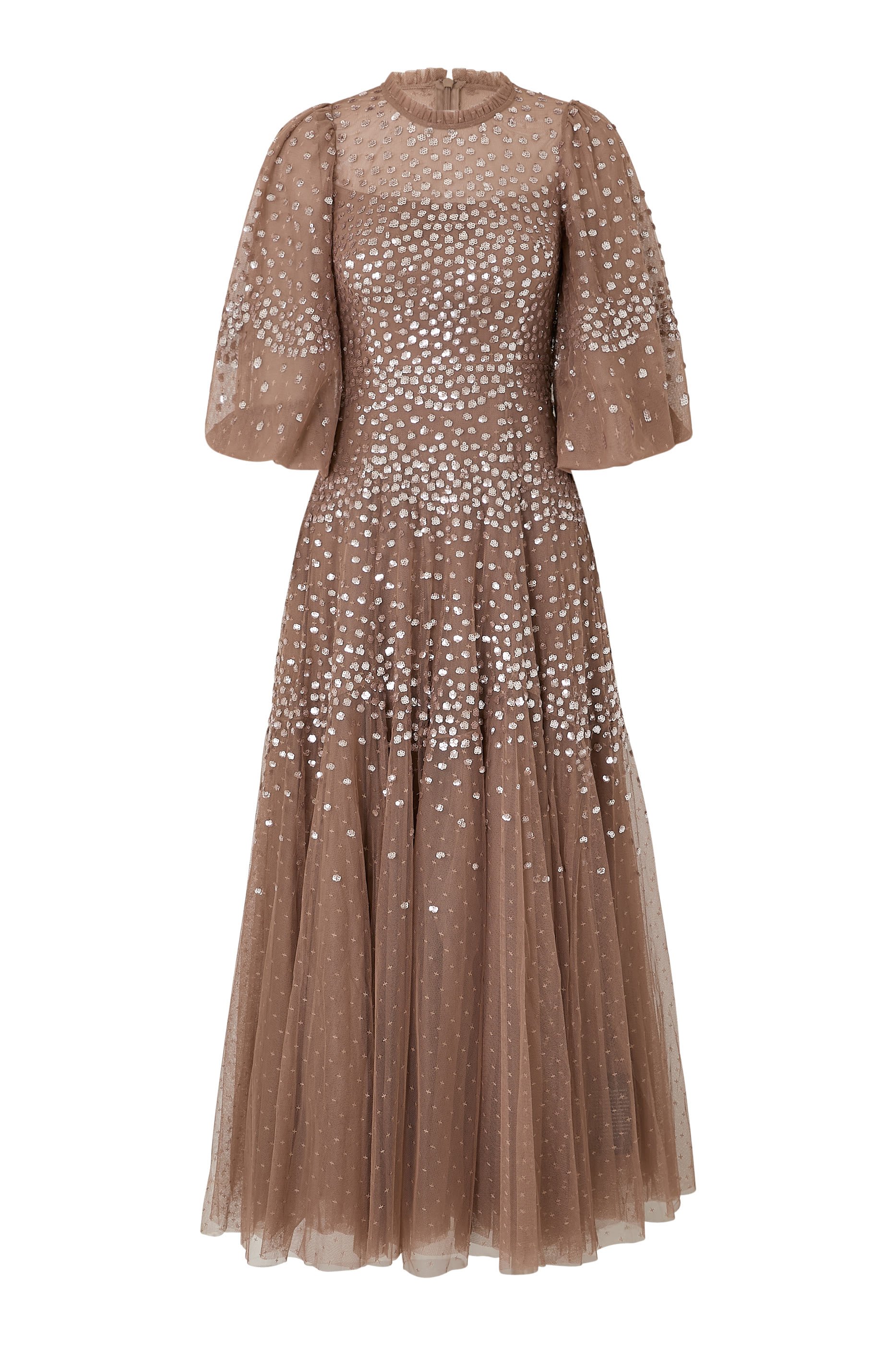 فستان سهرة بطول الكاحل بياقة مستديرة بحافة صدفية مطزرة بالترتر 