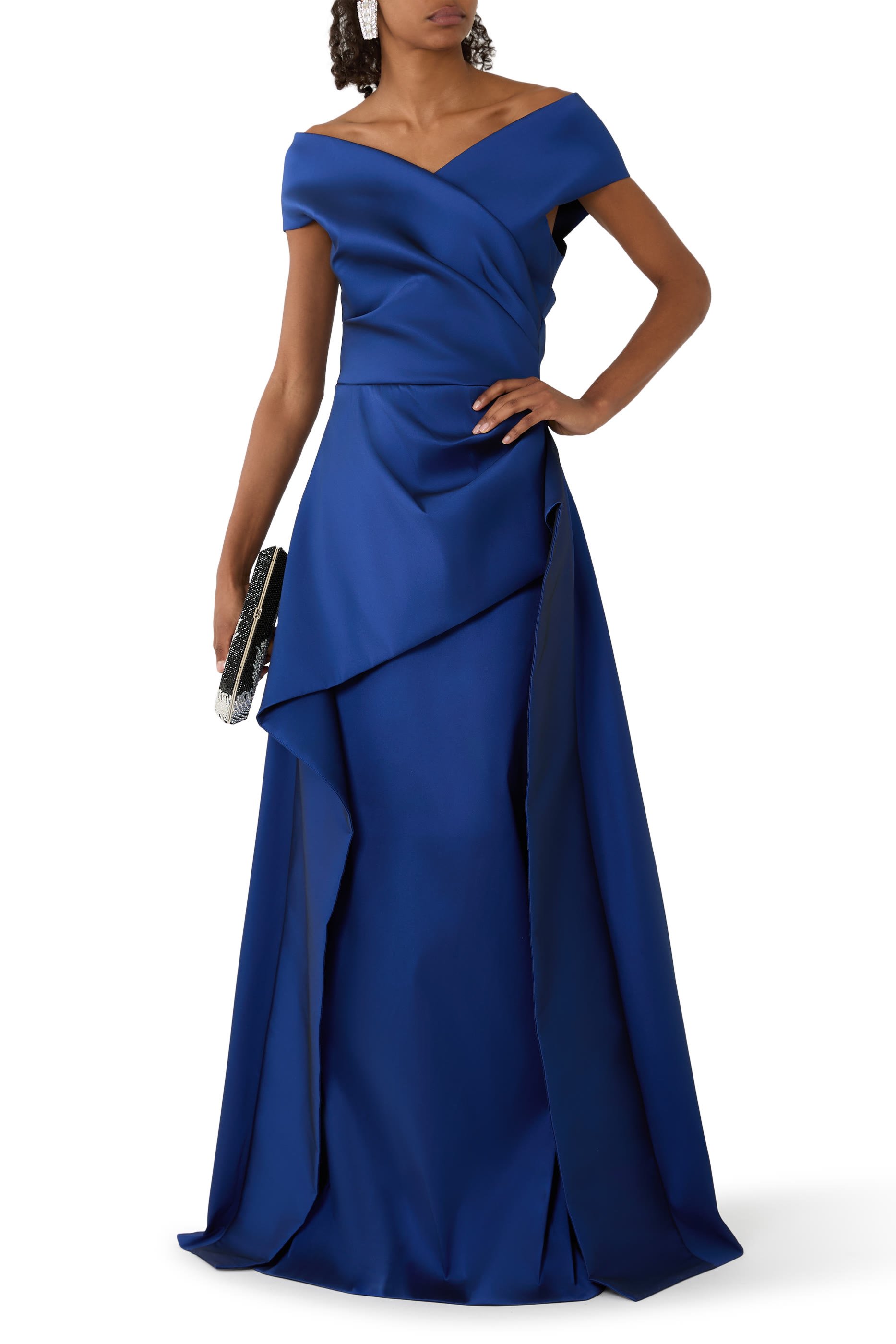 Off-The-Shoulder Mikado Satin Peplum Gown