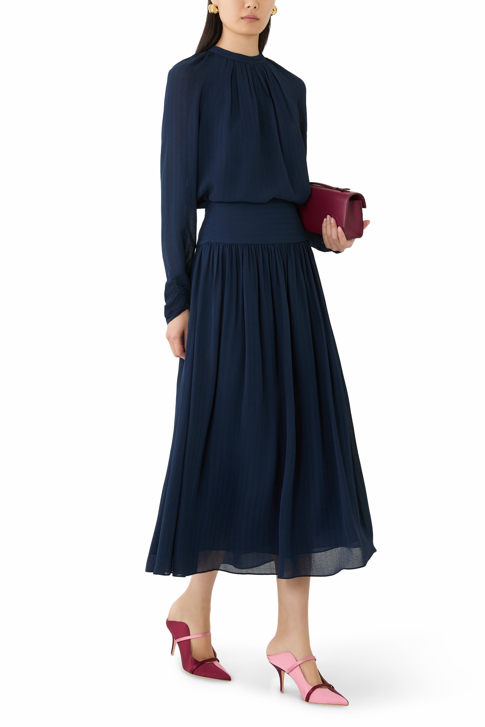 تنورة سانتوس متوسطة الطول مخططة مزينة بكشكش كريب