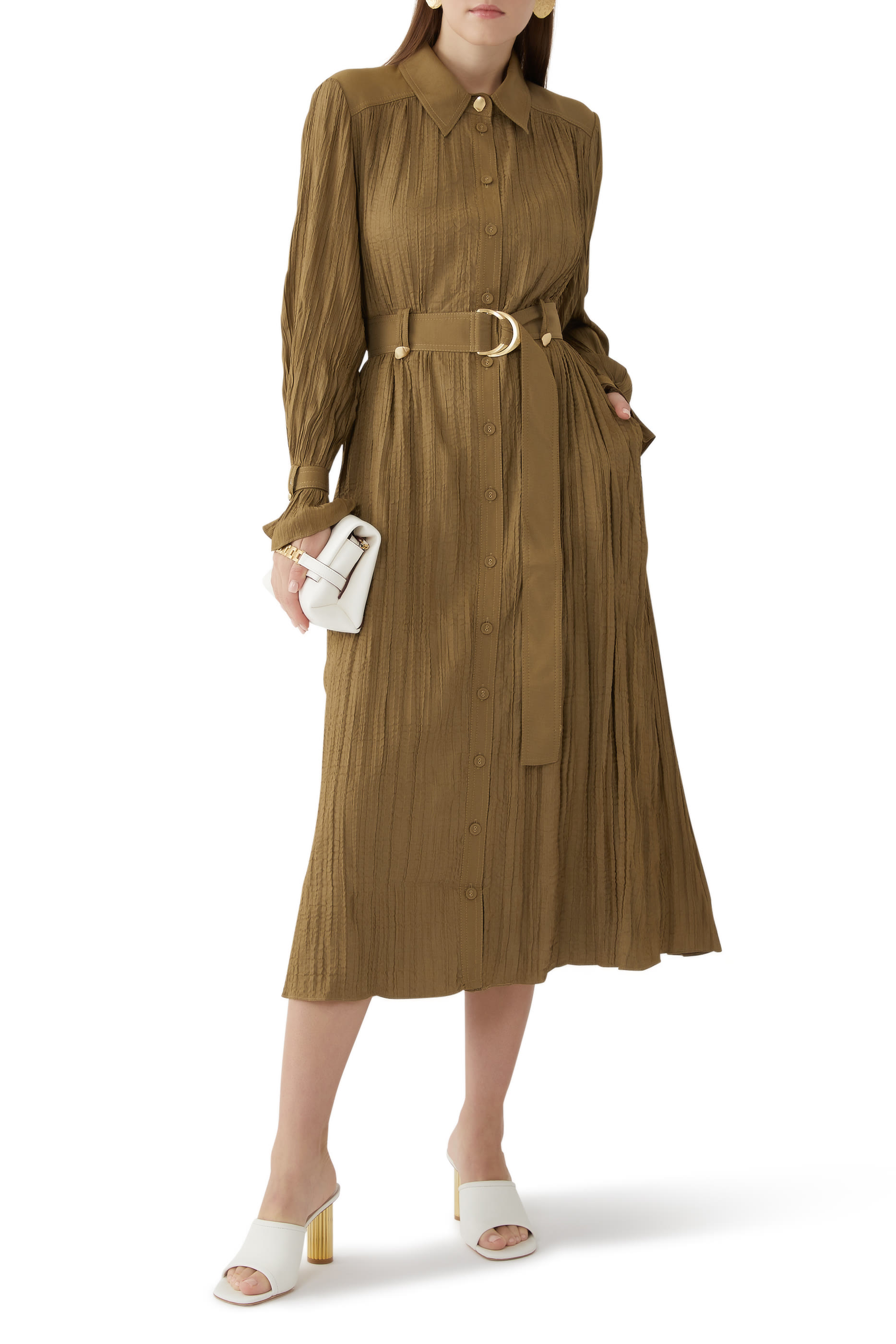 فستان بايز متوسط الطول قماش مجعد بطيات