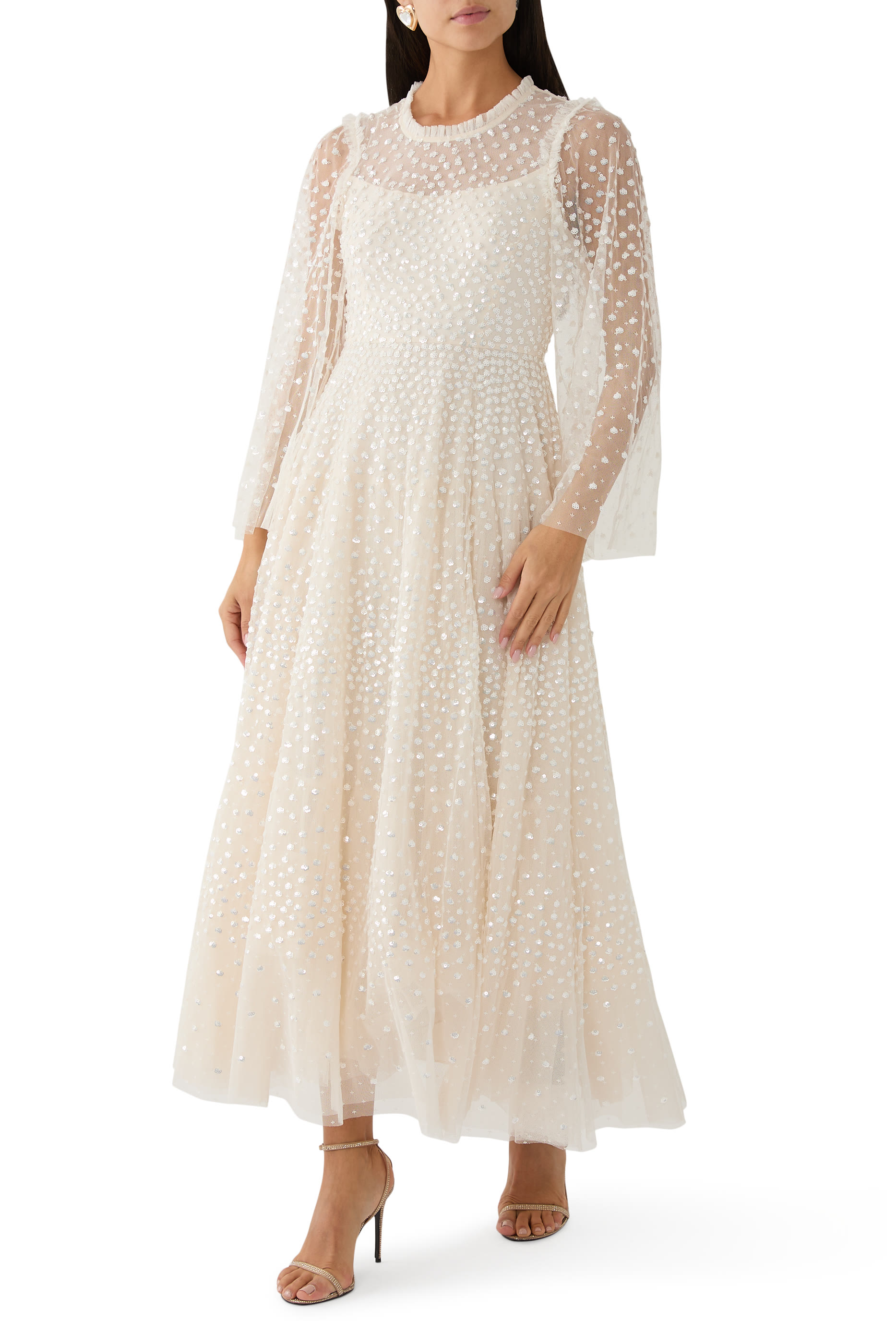 فستان سهرة بياقة مستديرة ونقشة خطوط متناثرة بطول الكاحل