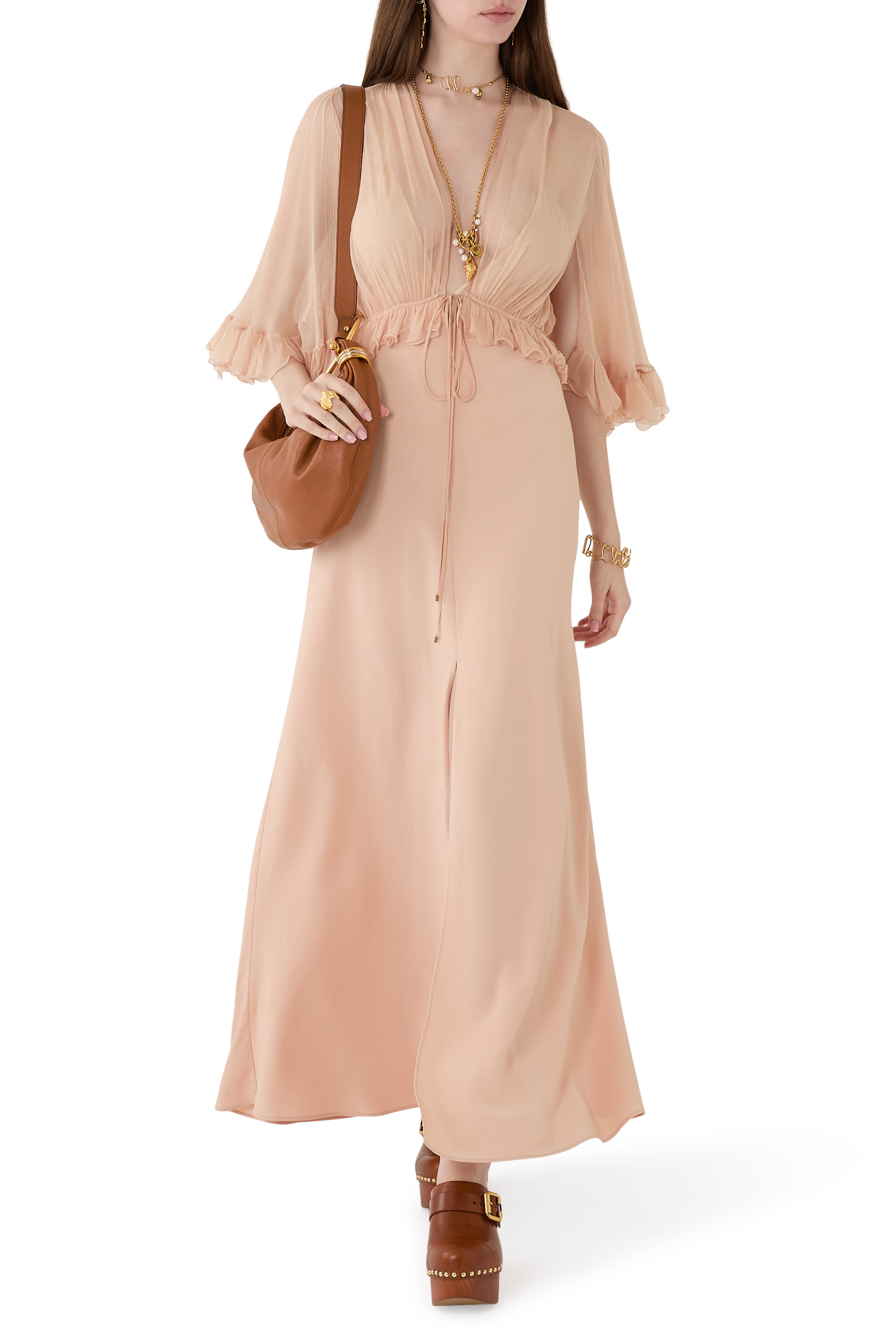 فستان طويل بياقة على شكل حرف V كريب ستان