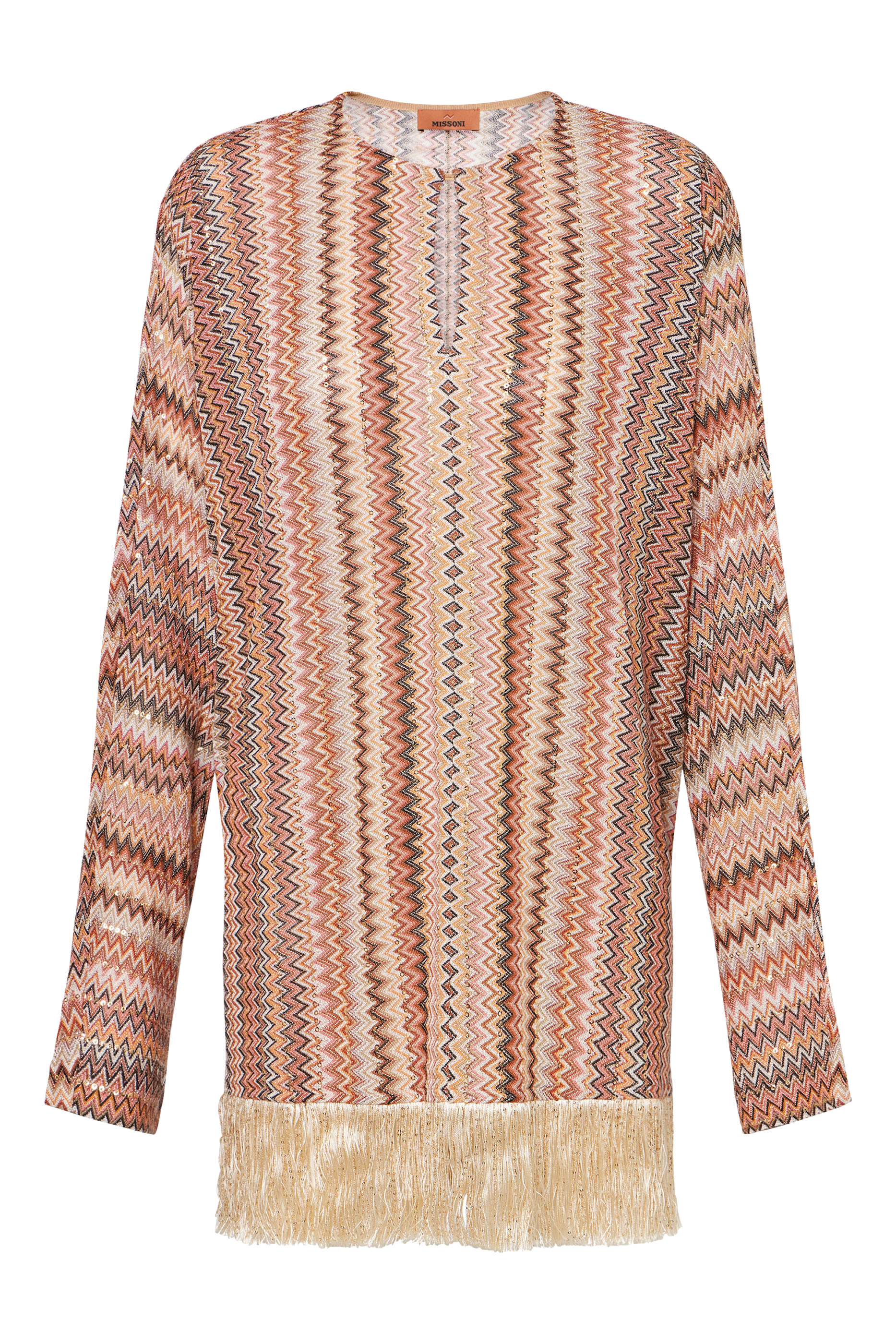  بلوزة بنقشة خطوط متعرجة مزينة بشراشيب وترتر بتصميم حصري