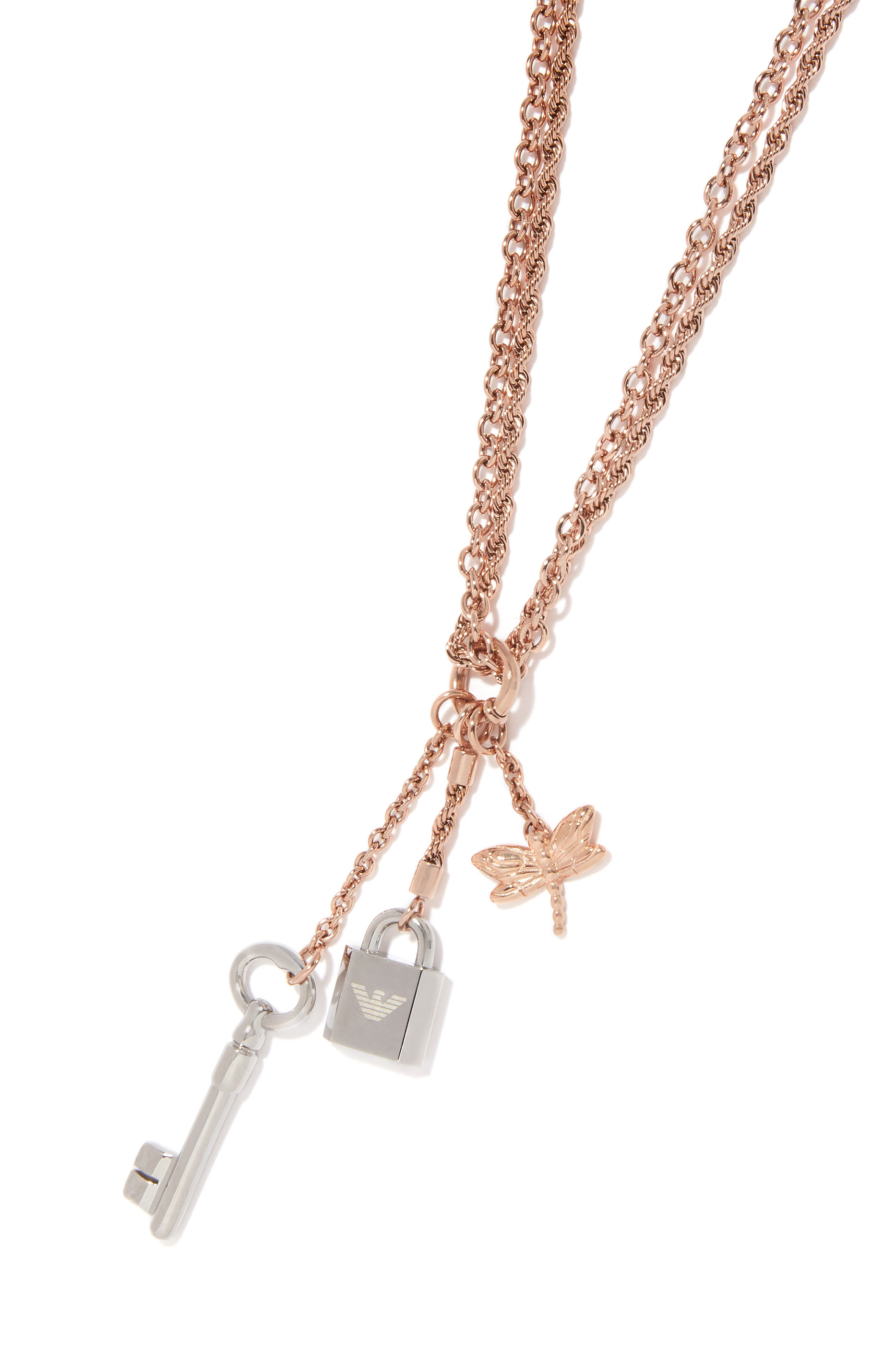 قلادة بسلسلة ودلاية بشكل قفل ومفتاح