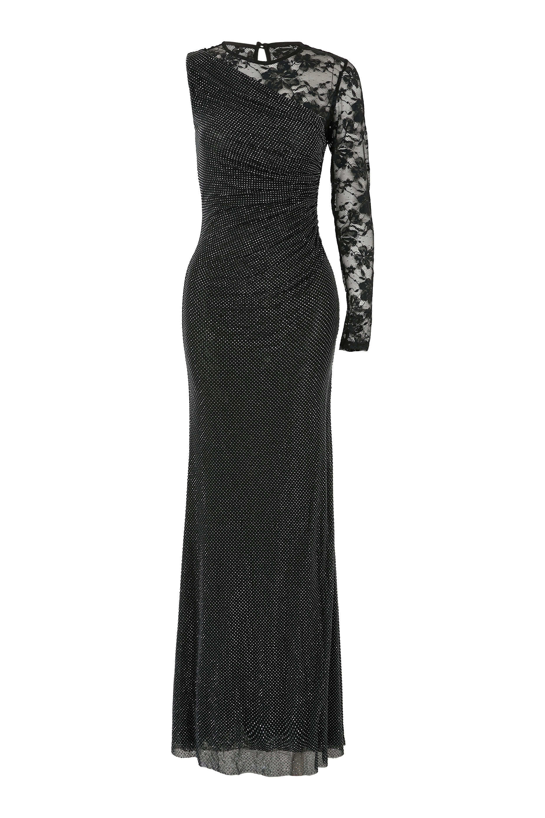 فستان طويل بكم دانتيل وأحجار الراين