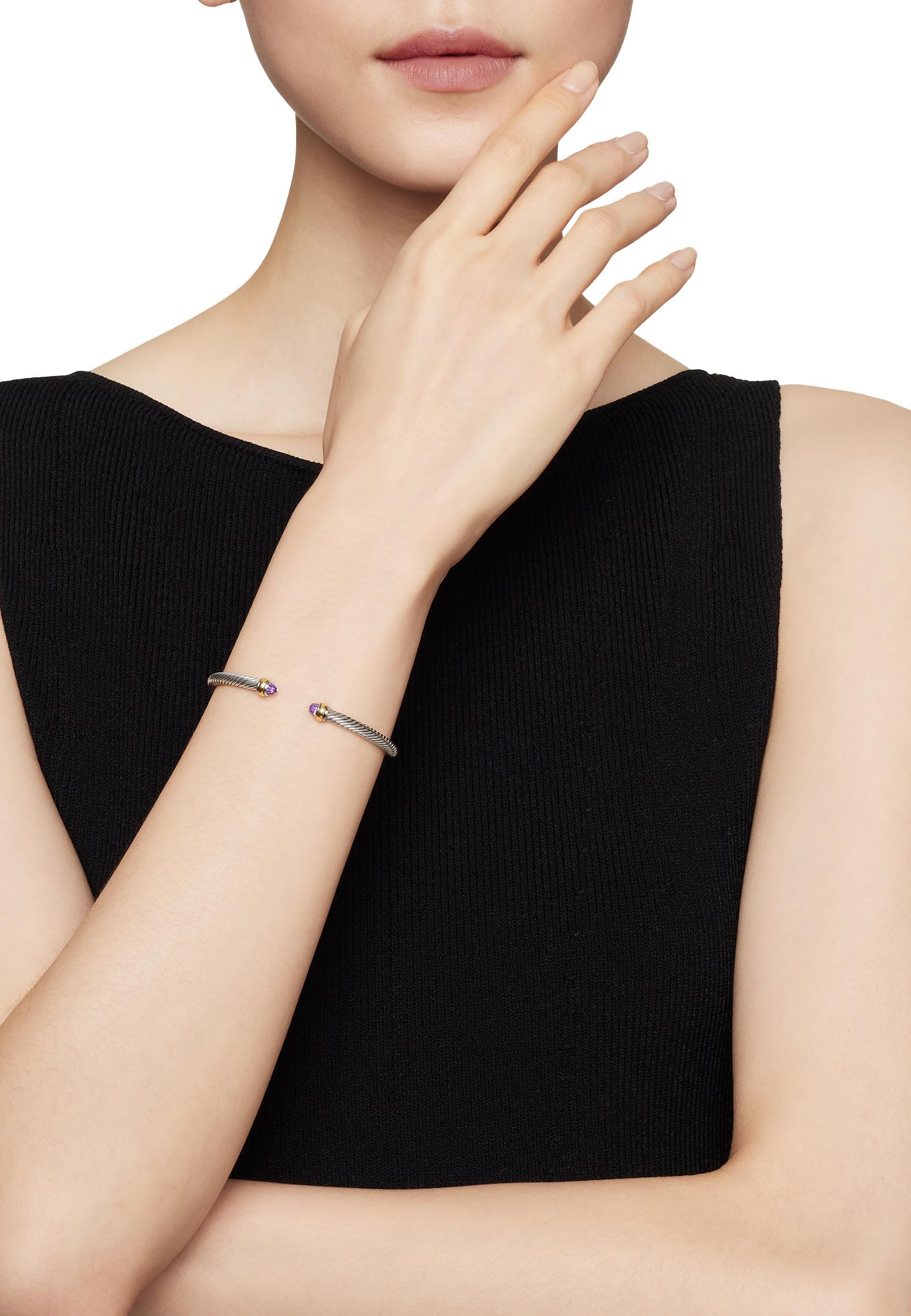 سوار كلاسيكي بتصميم كابل مرصع بالجمشت فضة إسترلينية وذهب أصفر عيار 18