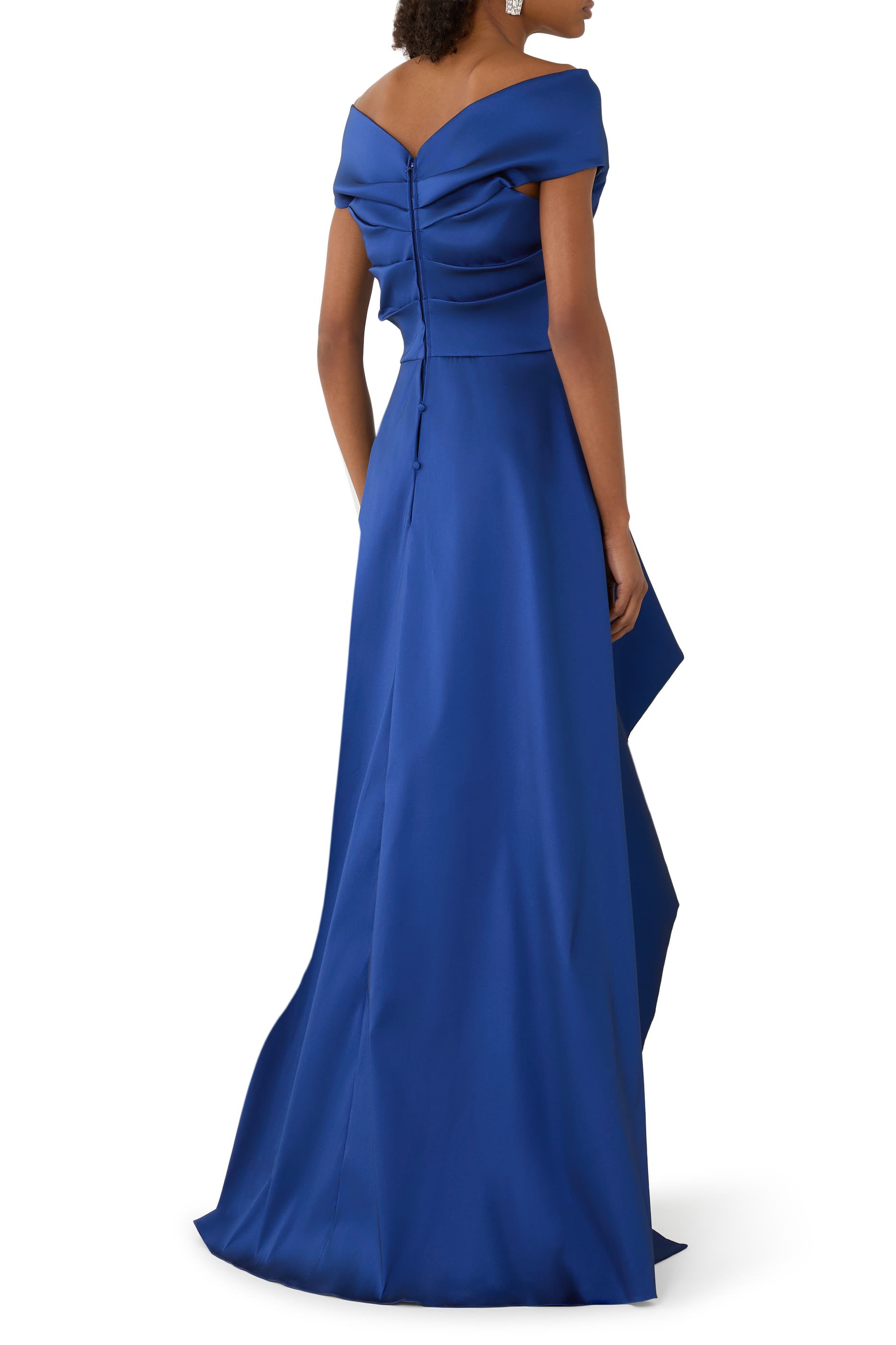 Off-The-Shoulder Mikado Satin Peplum Gown