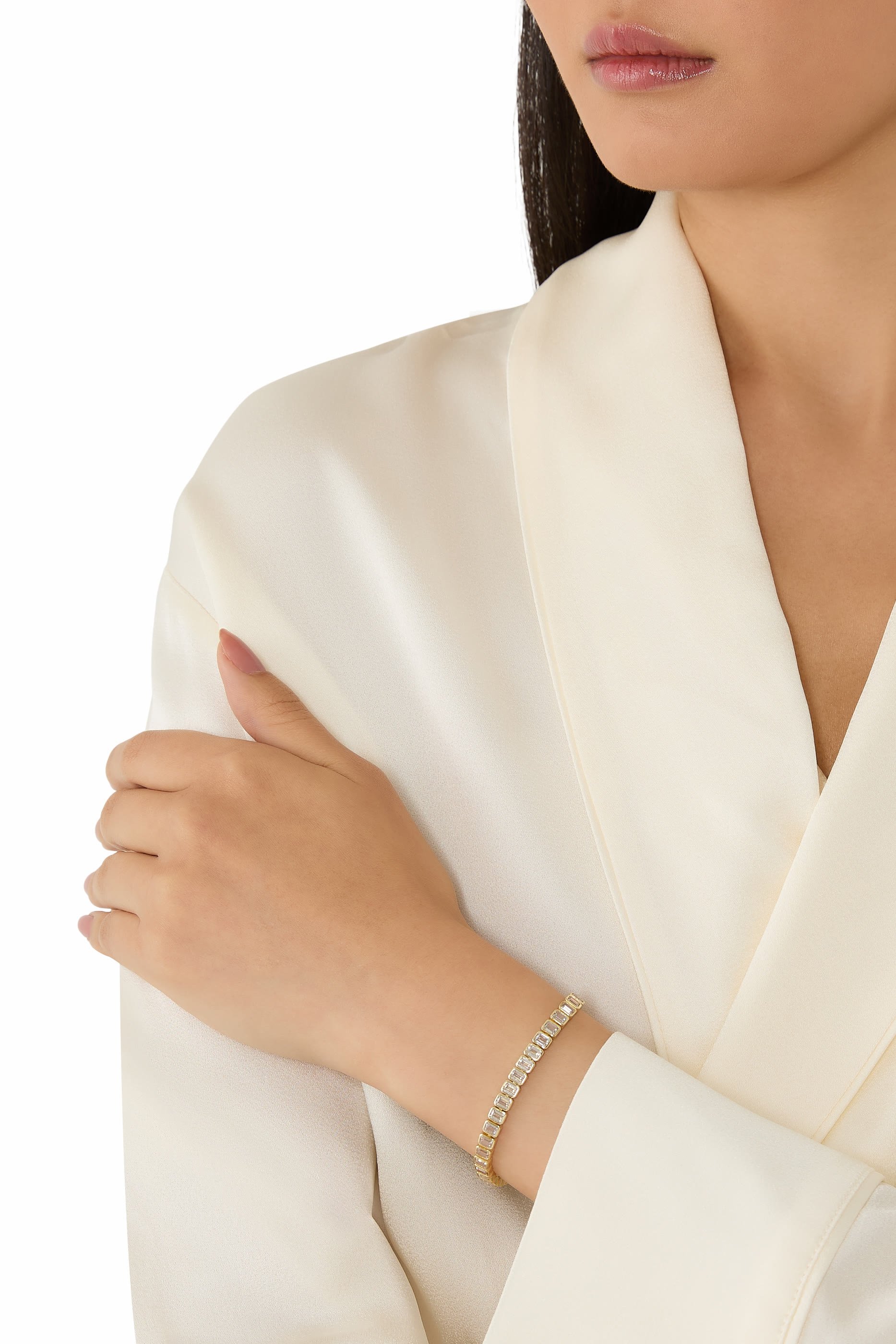 سوار تنس مرصع بأحجار زركونيا مستطيلة فضة إسترلينية مطلية ذهب عيار 14