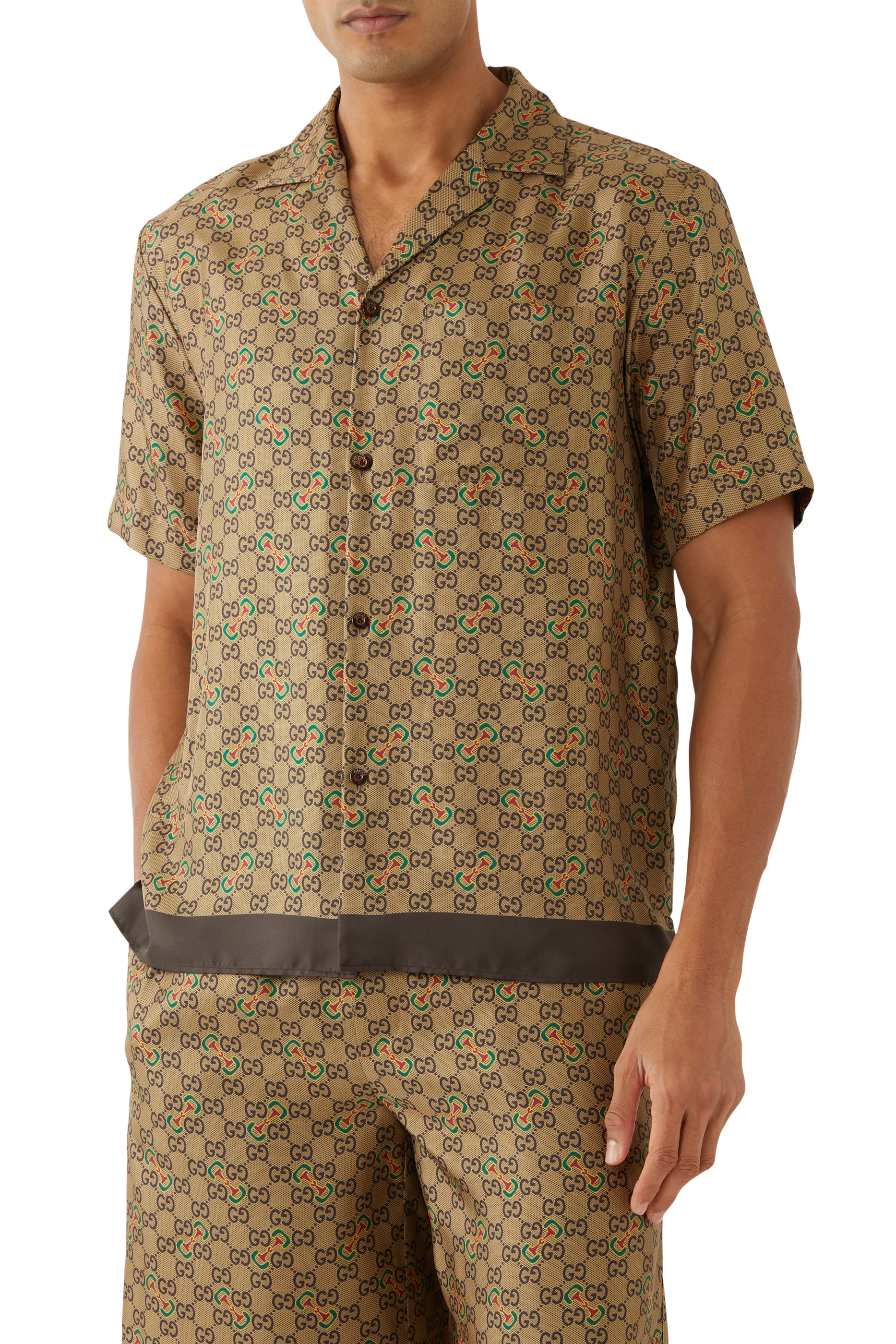 قميص بنقشة لجام الحصان وحرفي شعار الماركة حرير تويل