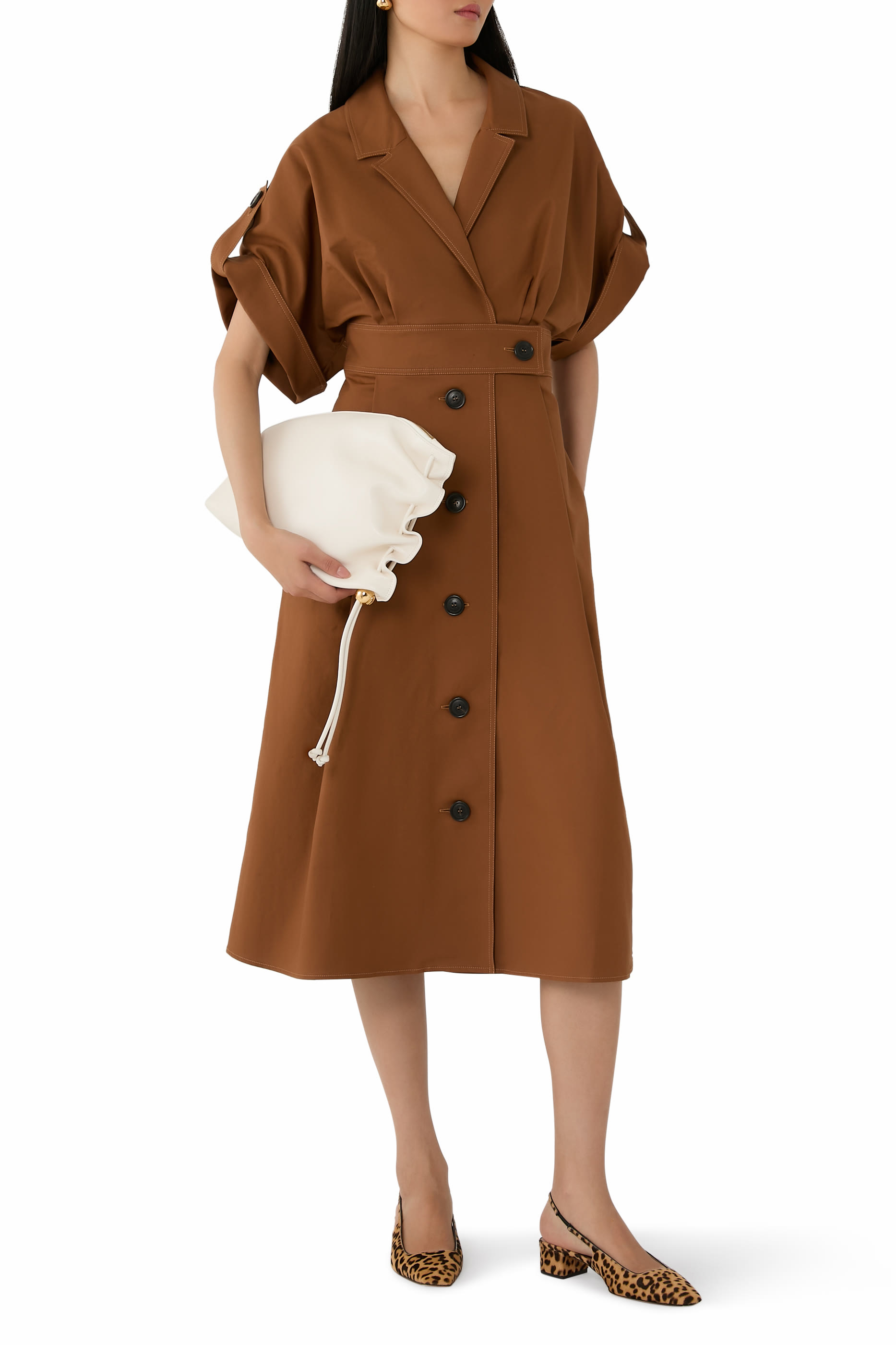 Wide Sleeves Belted Sateen Shirtdress