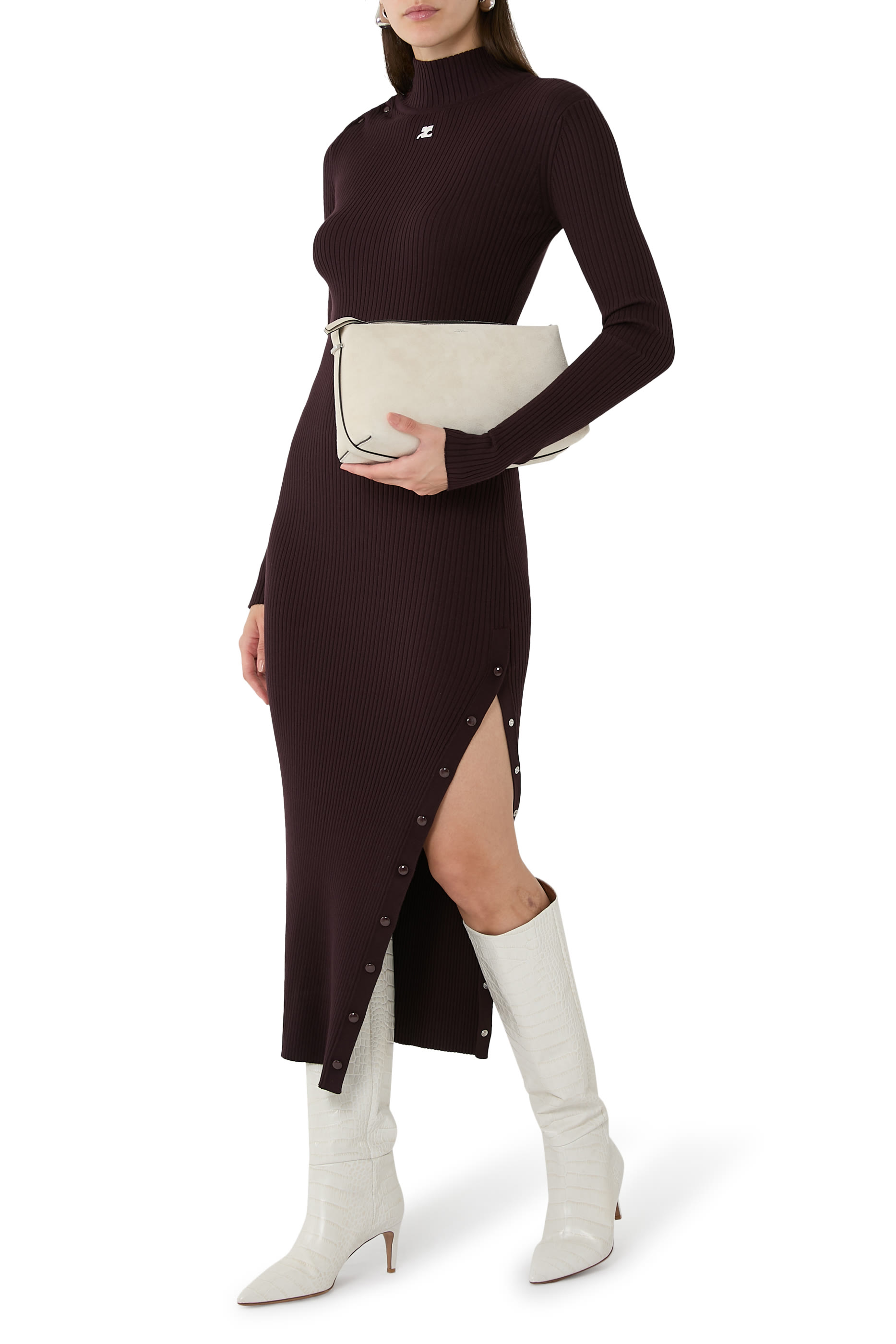 فستان متوسط الطول بياقة عالية قماش مضلع