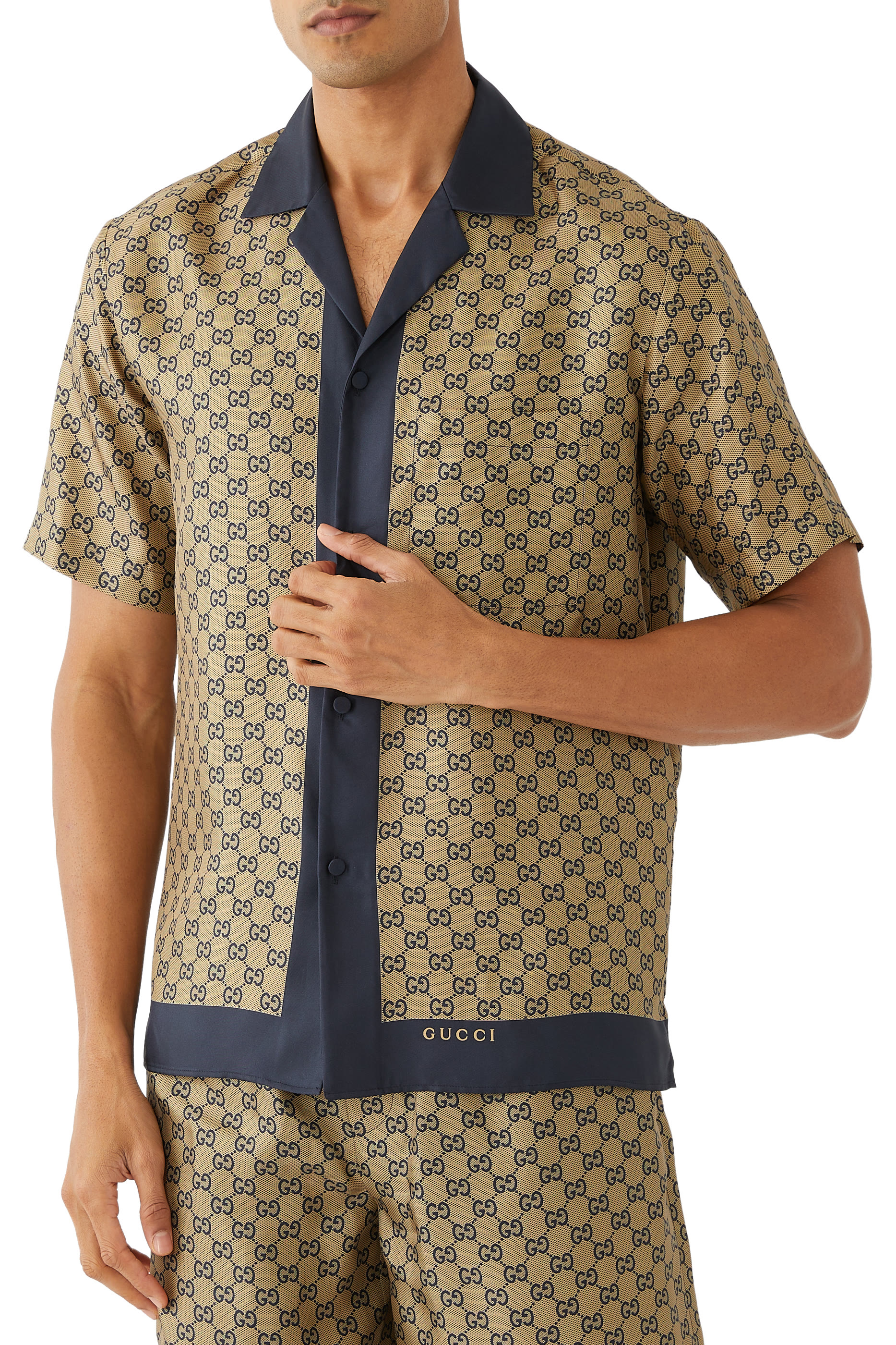 قميص بولينج حرير بنقشة حرفي شعار الماركة