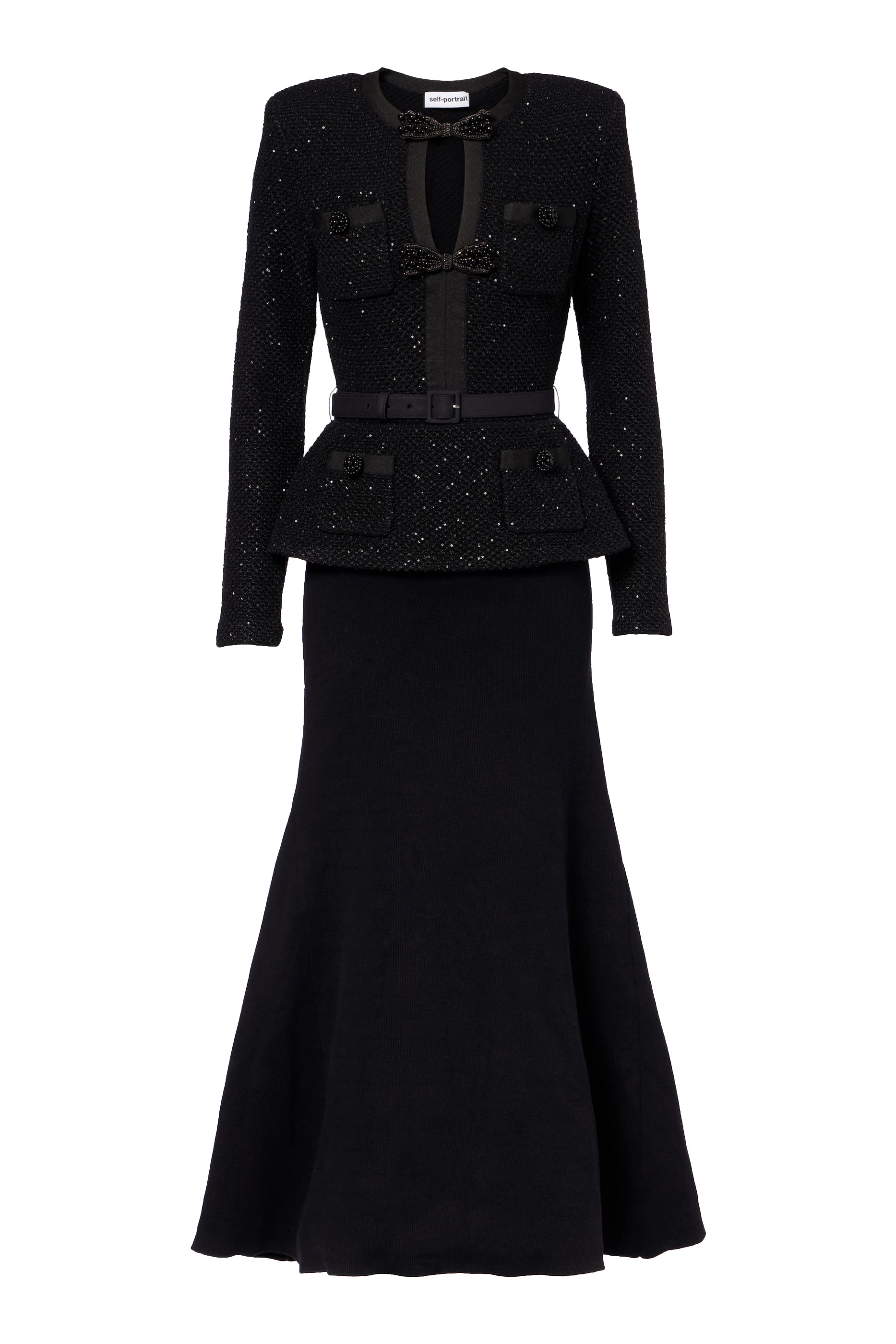 فستان منسوج بقصة ضيقة متوسطة الطول مزين بترتر