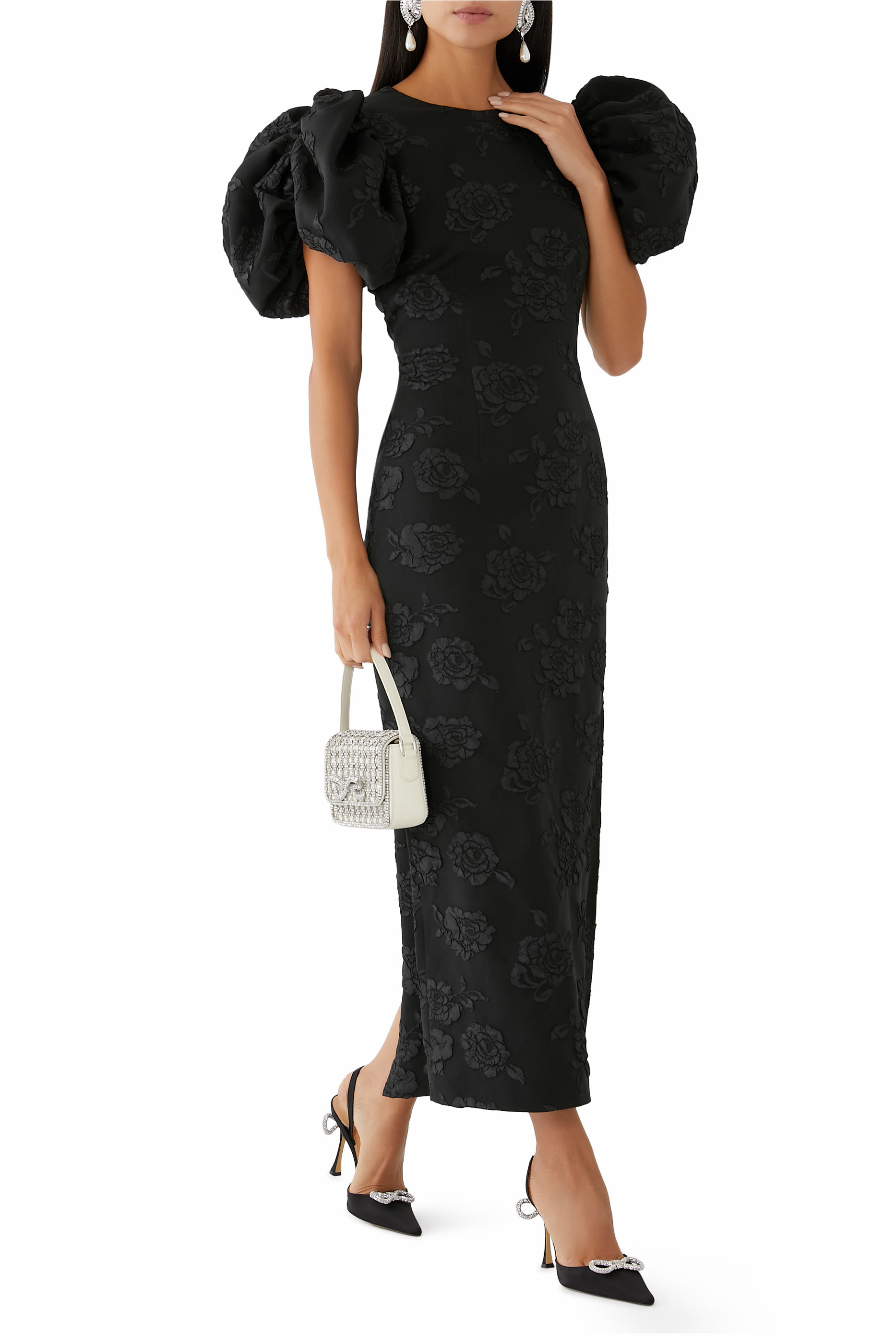 فستان متوسط الطول بنقشة بارزة الملمس جاكار