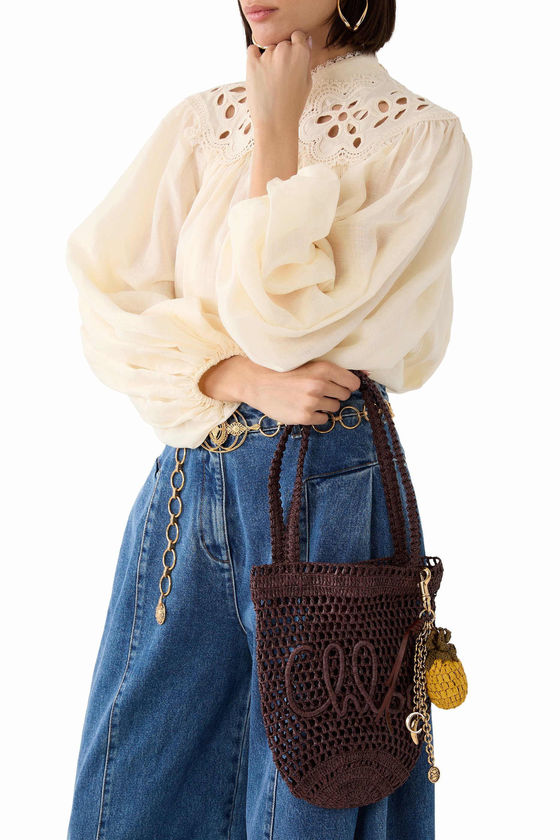 حلية حقيبة بتصميم أناناس خوص، معدن وجلد