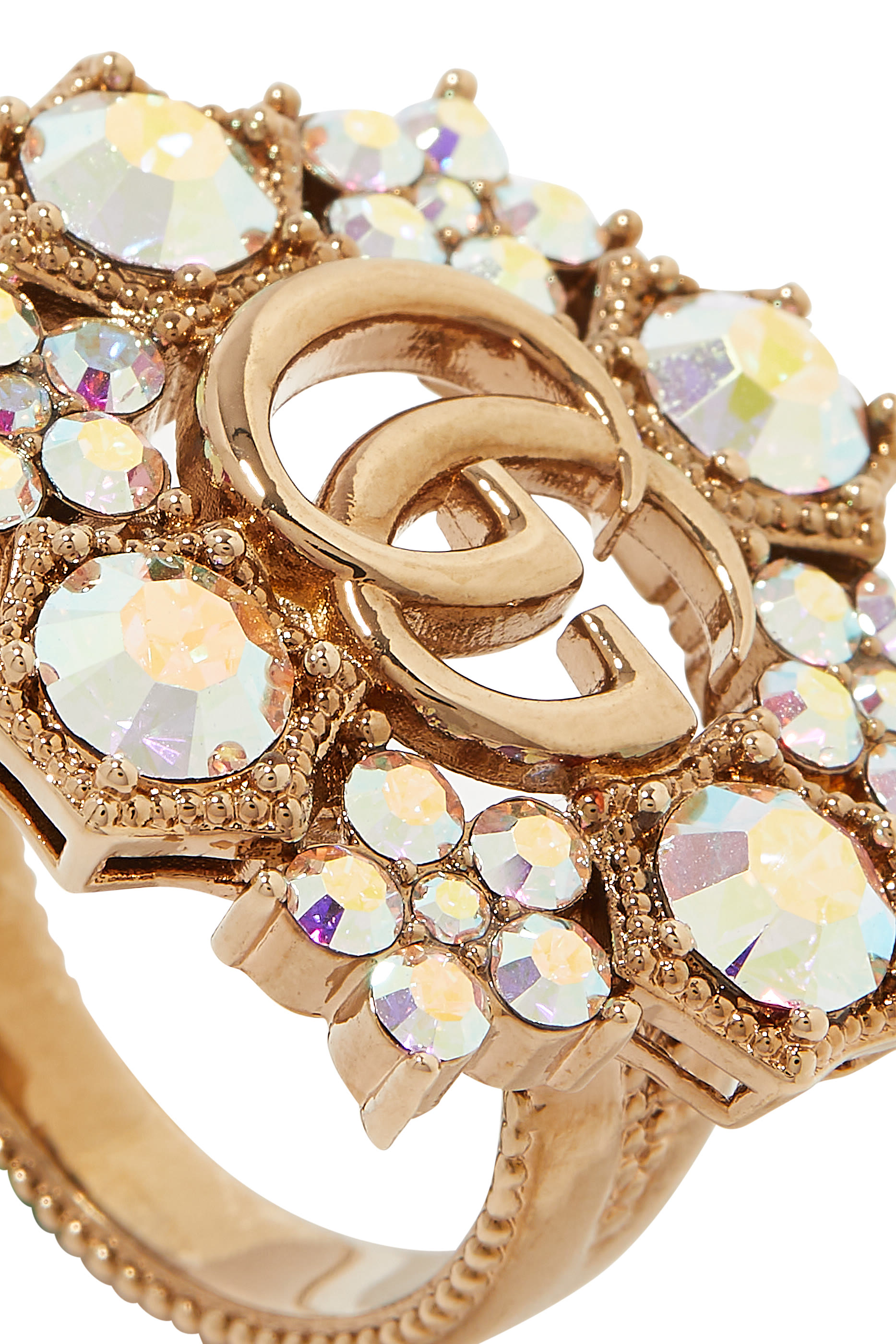 خاتم بتصميم زهرة بحرفي شعار الماركة مرصع بالكريستال معدن مطلي بالذهب