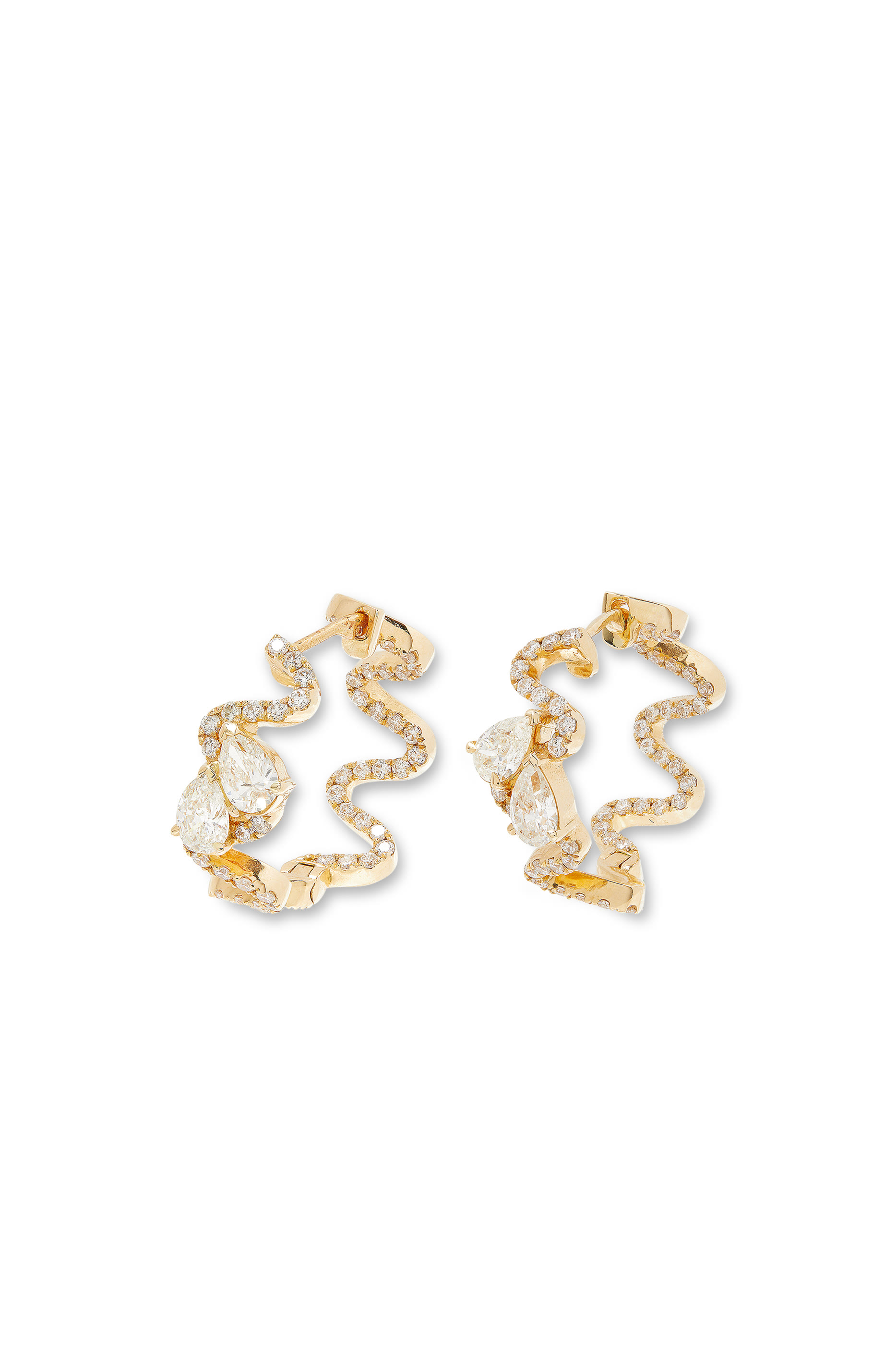 Double Diamond Wave Hoop Earrings, 18k Yellow Gold & Diamonds