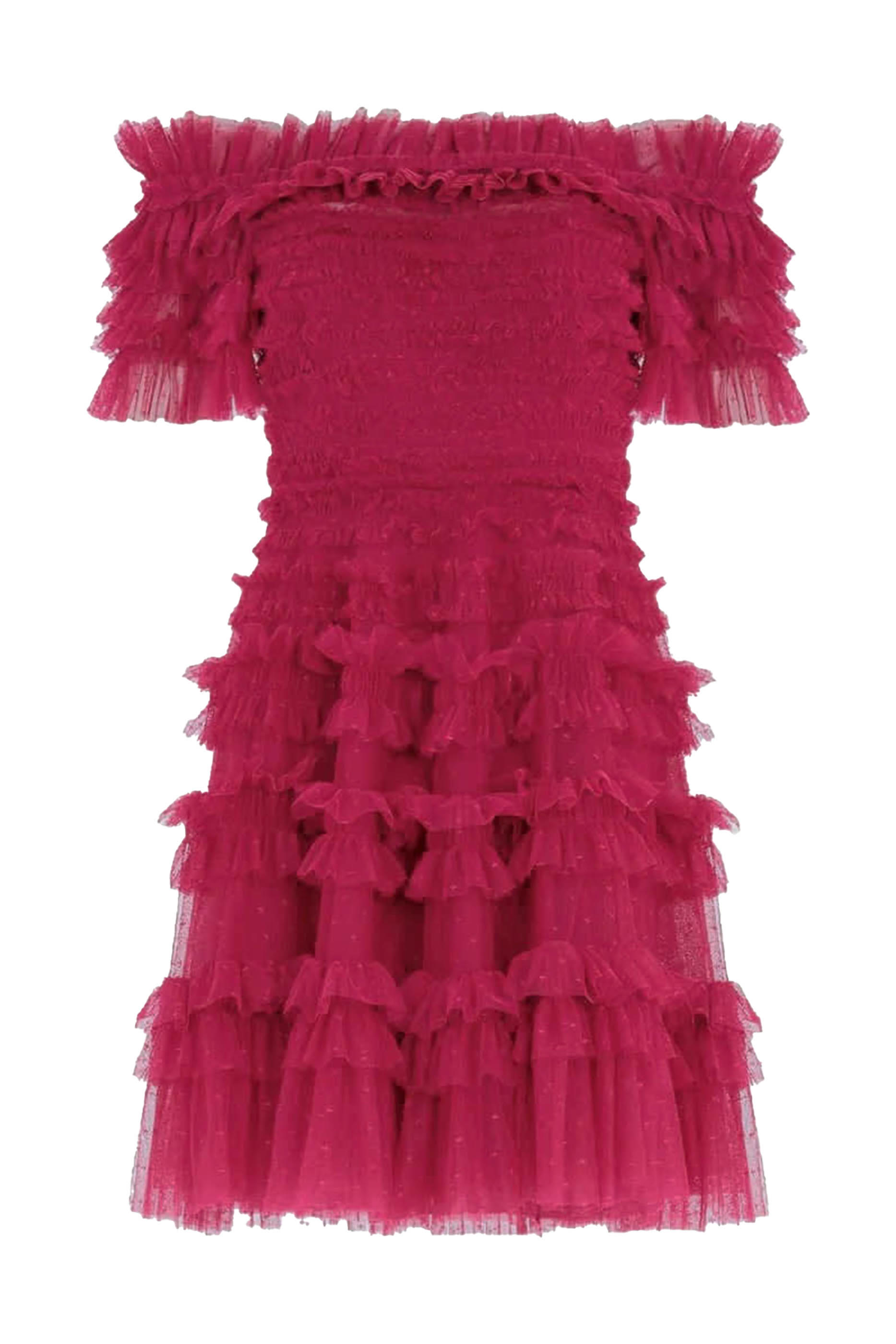 فستان ليزيت قصير بأكتاف متساقطة وكشكش ونقشة دقيقة