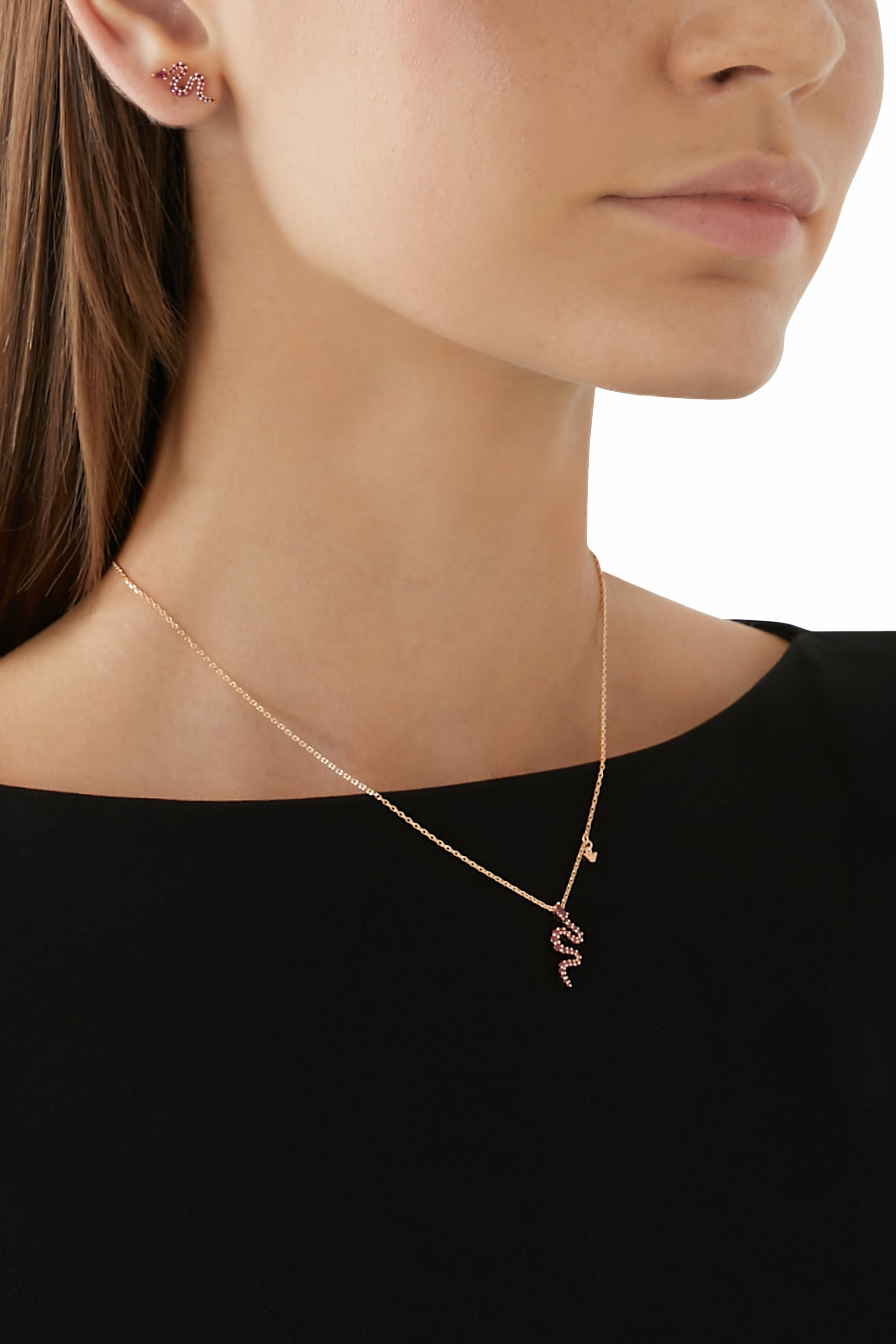 أقراط بتصميم ثعبان بأحجار، فضة إسترلينية مطلية بذهب وردي عيار 14