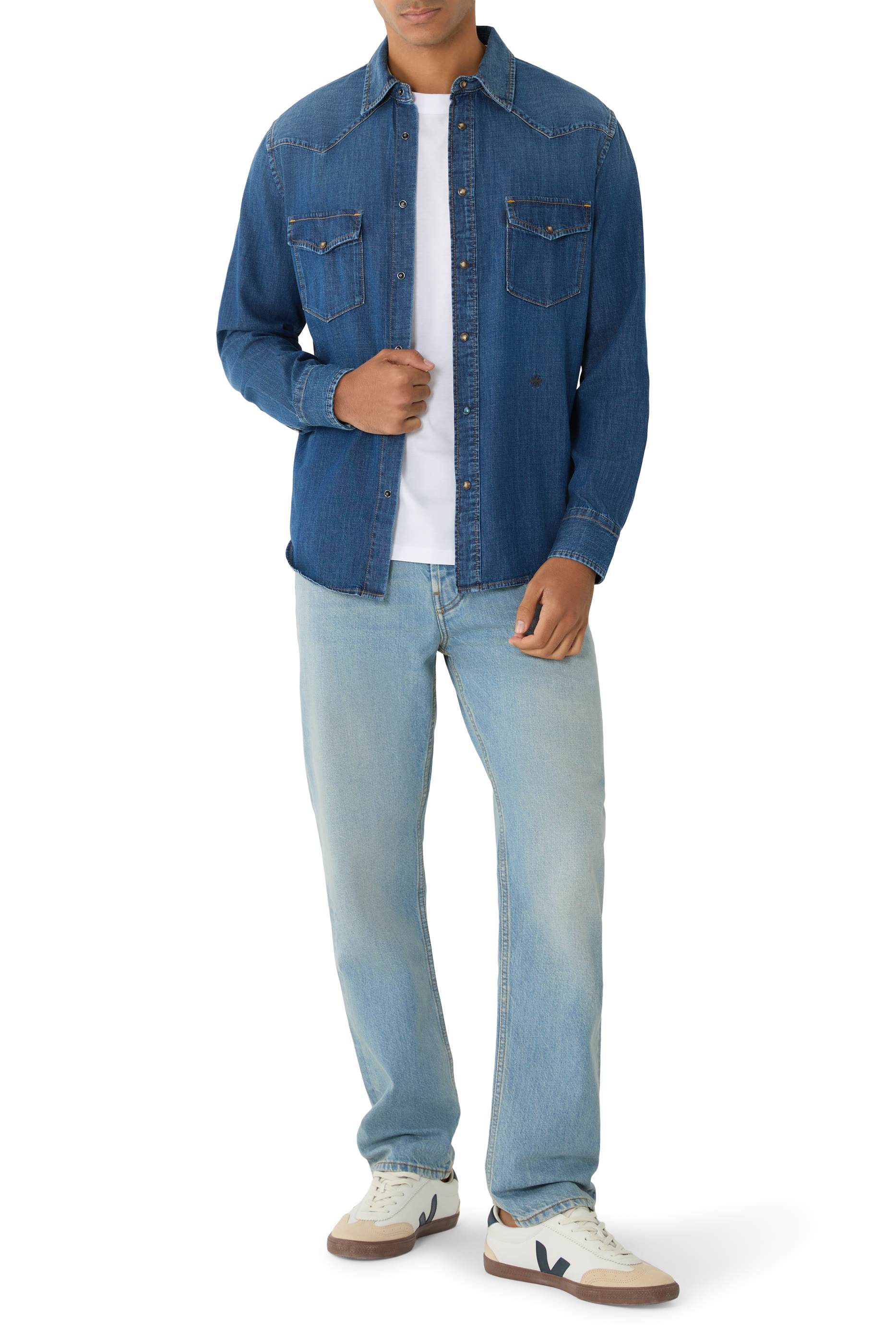 تيشيرت بياقة ضيقة وجيب على الصدر قطن جيرسيه