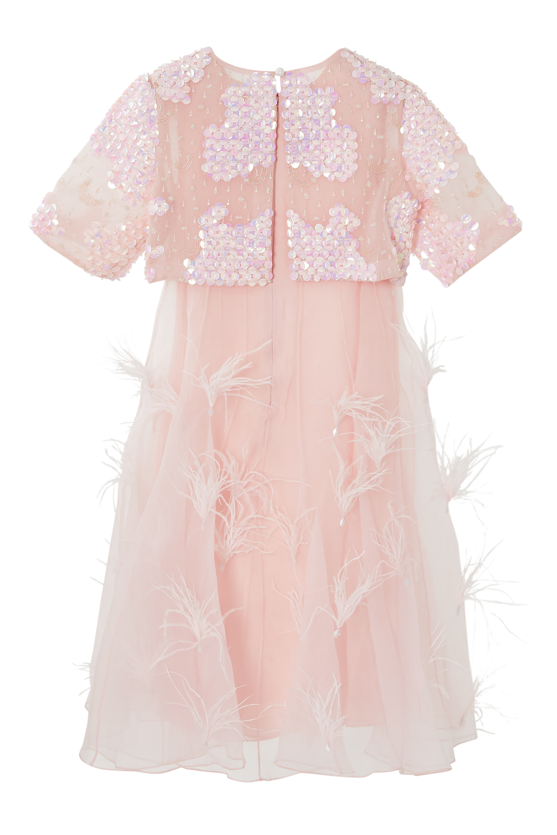 فستان كابوسين واسع بتطريزات وريش للأطفال