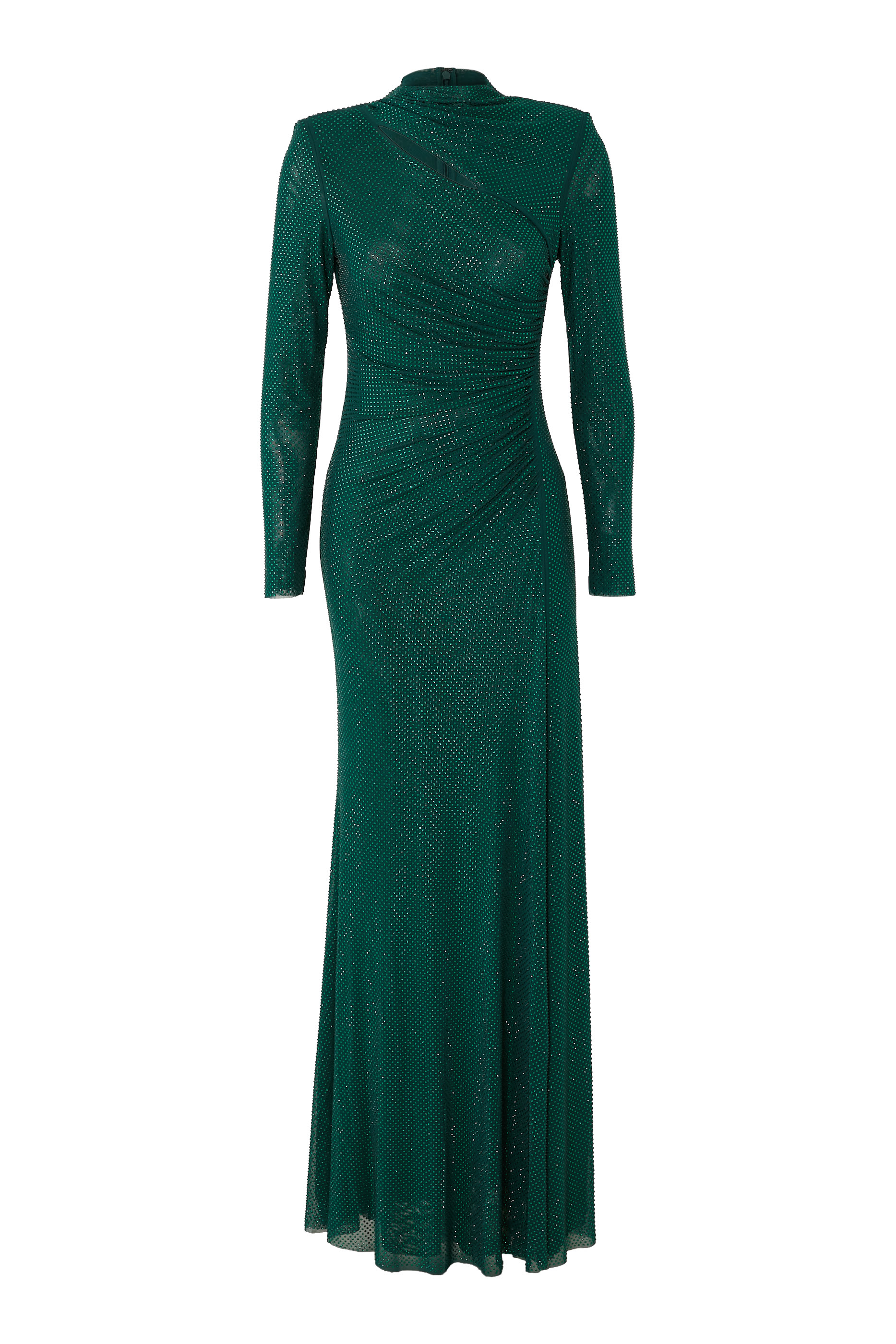 فستان طويل بفتحات قماش شبكي مرصع بأحجار الراين