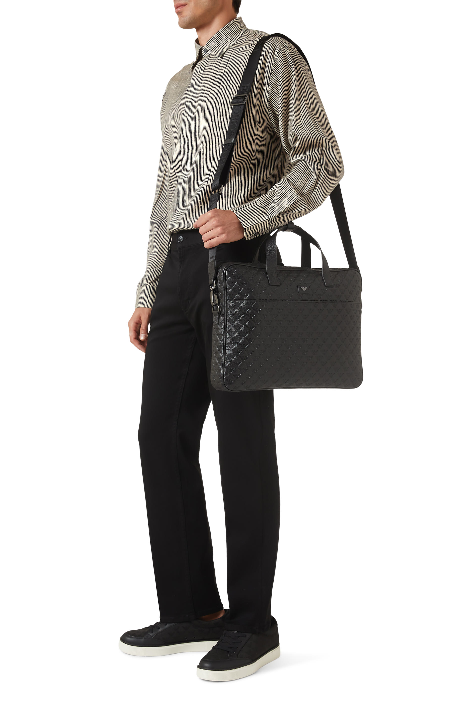 حقيبة عمل بنقشة شعار الماركة بحجم صغير جلد