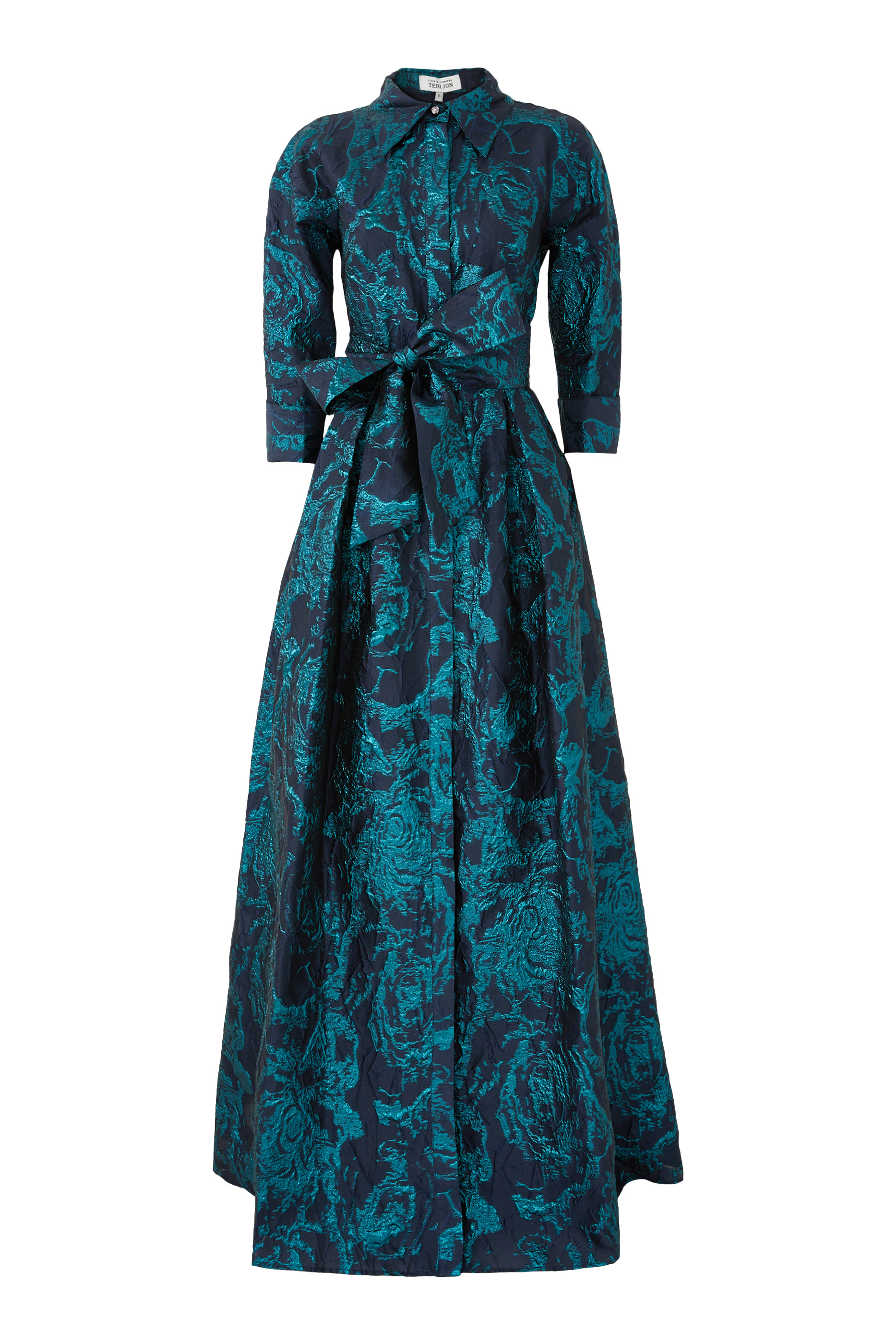 فستان بتصميم قميص بطبعة تجريدية جاكار لامع