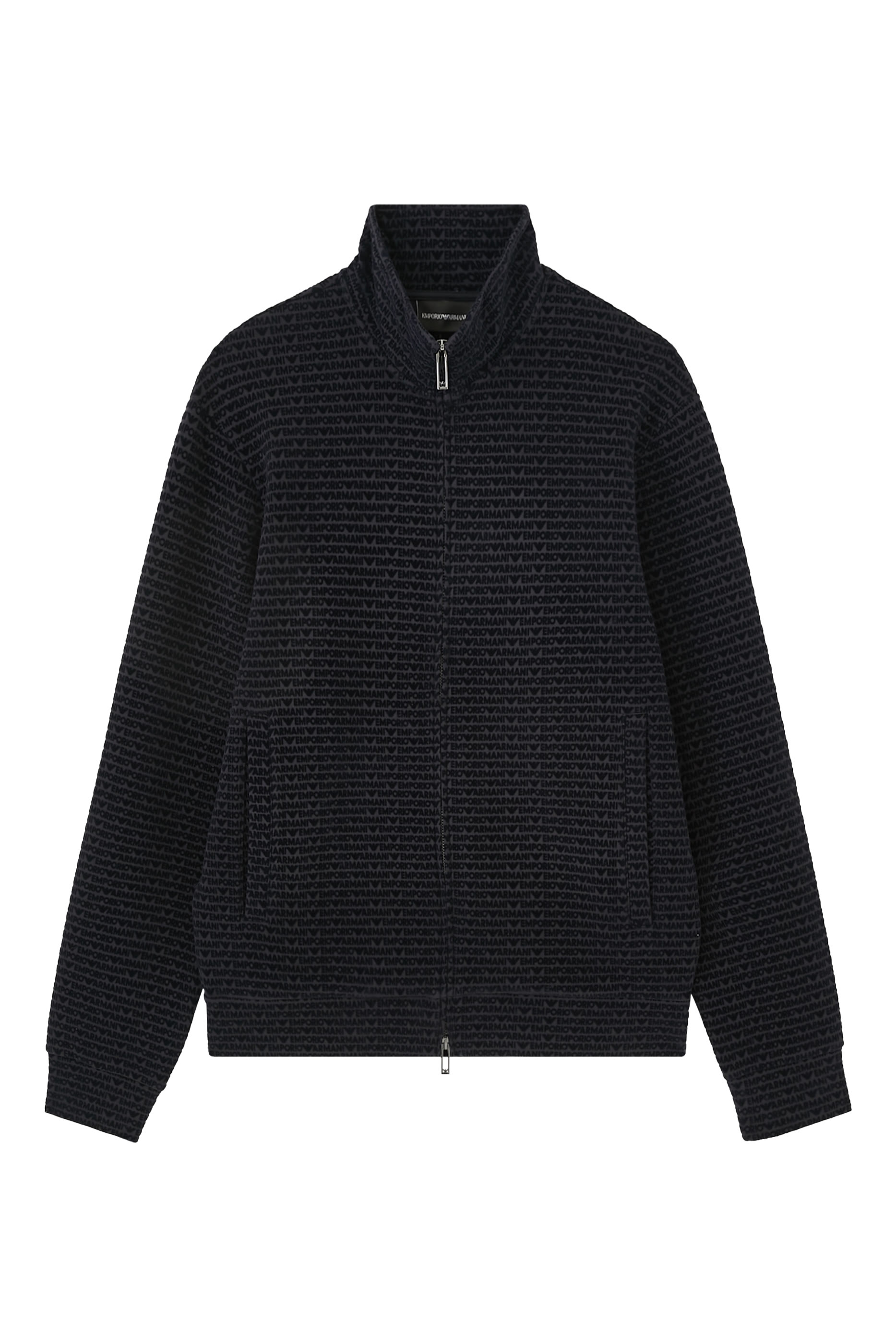 سويت شيرت بسحاب كامل ونقشة شعار الماركة بملمس بارز بالكامل جرسيه