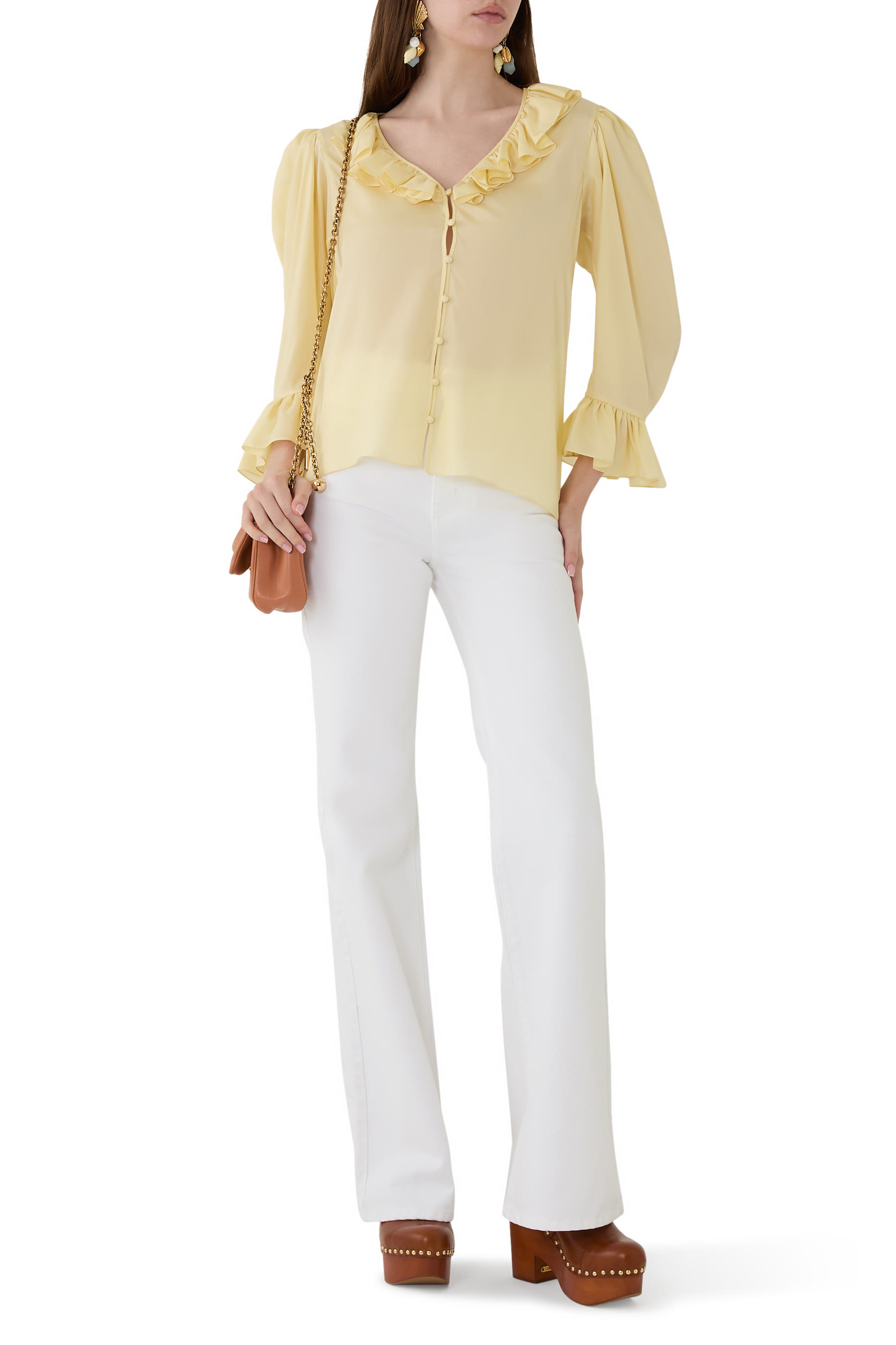 بلوزة بياقة V وكشكش حرير هابوتاي