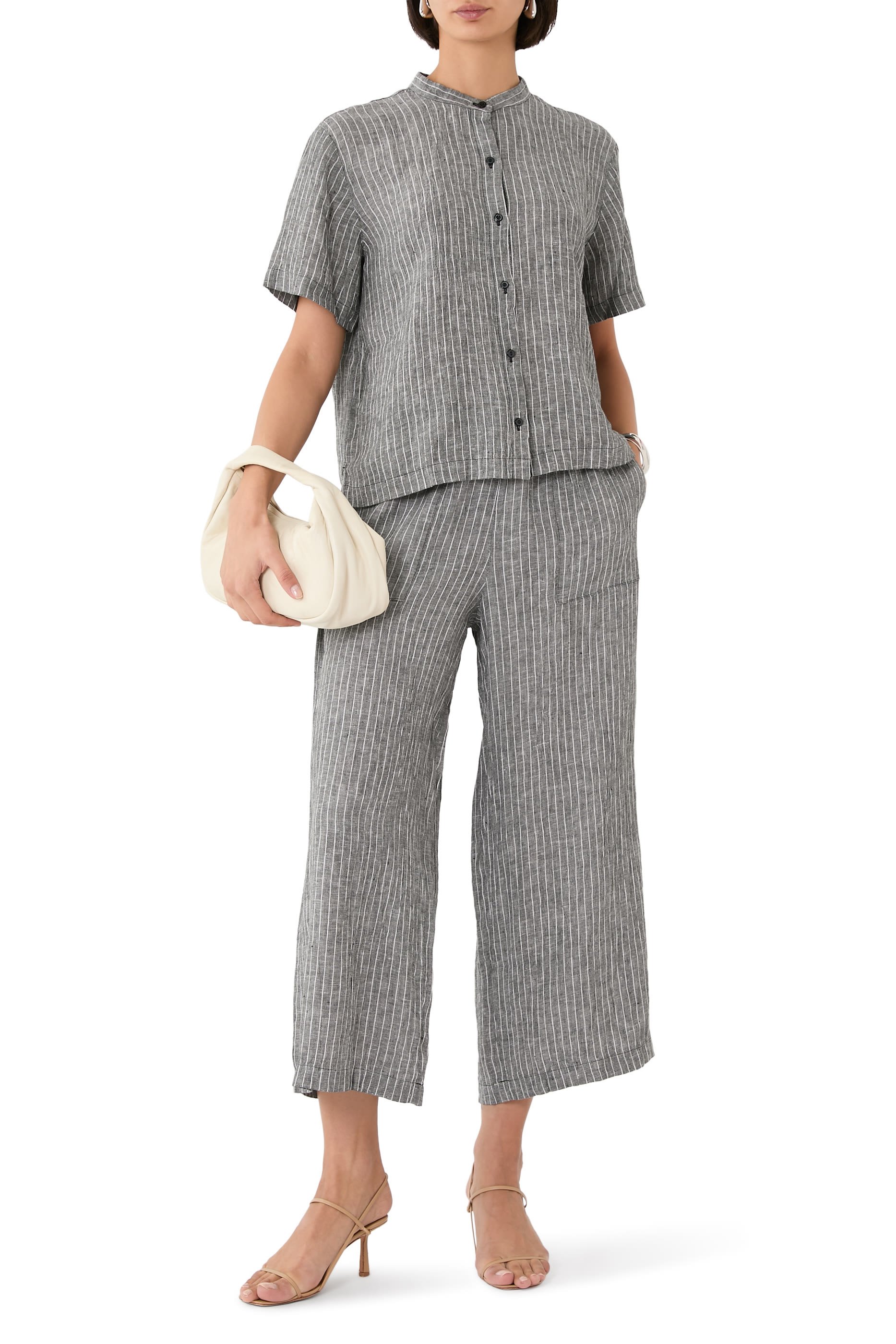 قميص بياقة مطوية كتان عضوي مجعد 