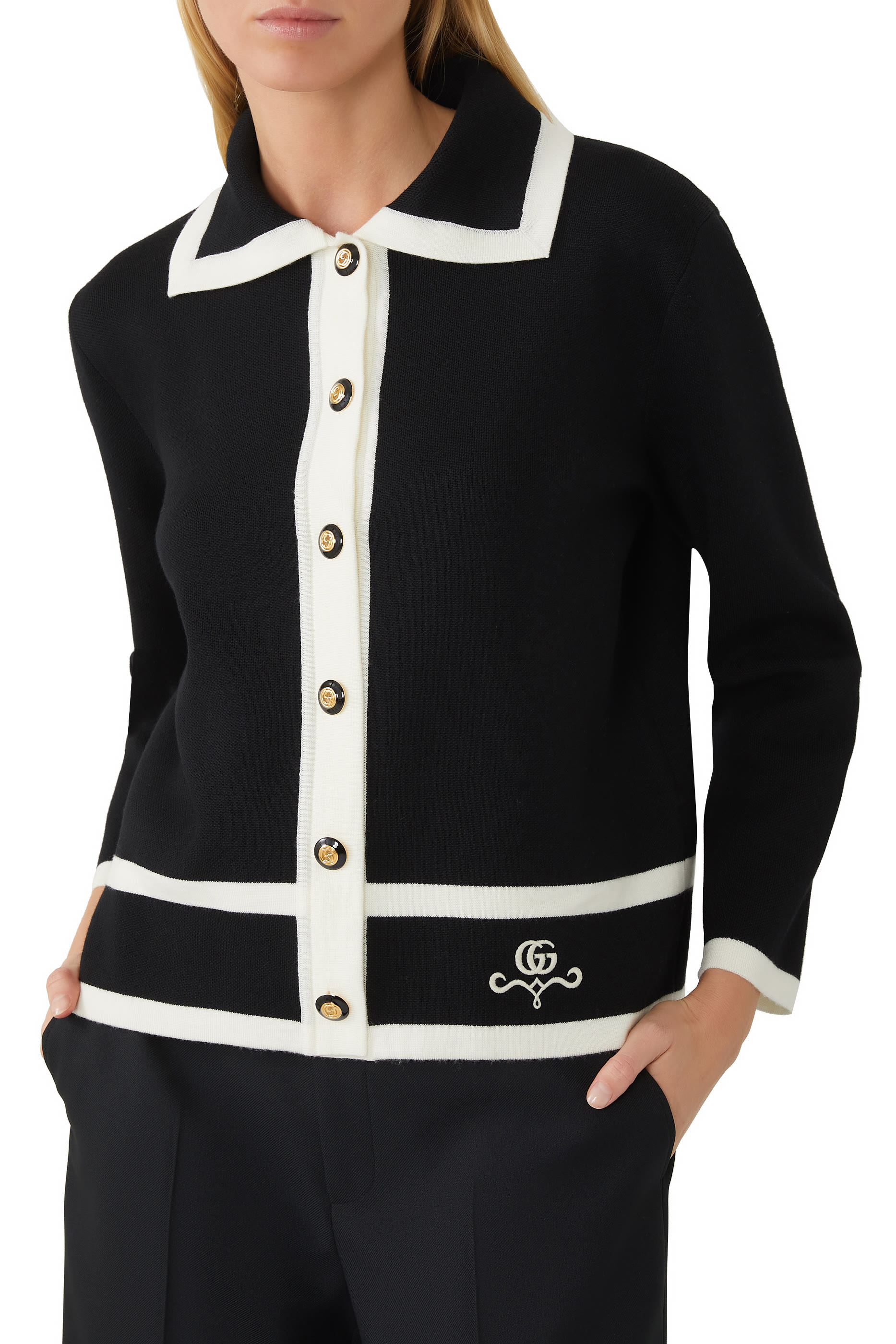 قميص بولو صوف بنقشة حرفي شعار الماركة جاكار بيكيه