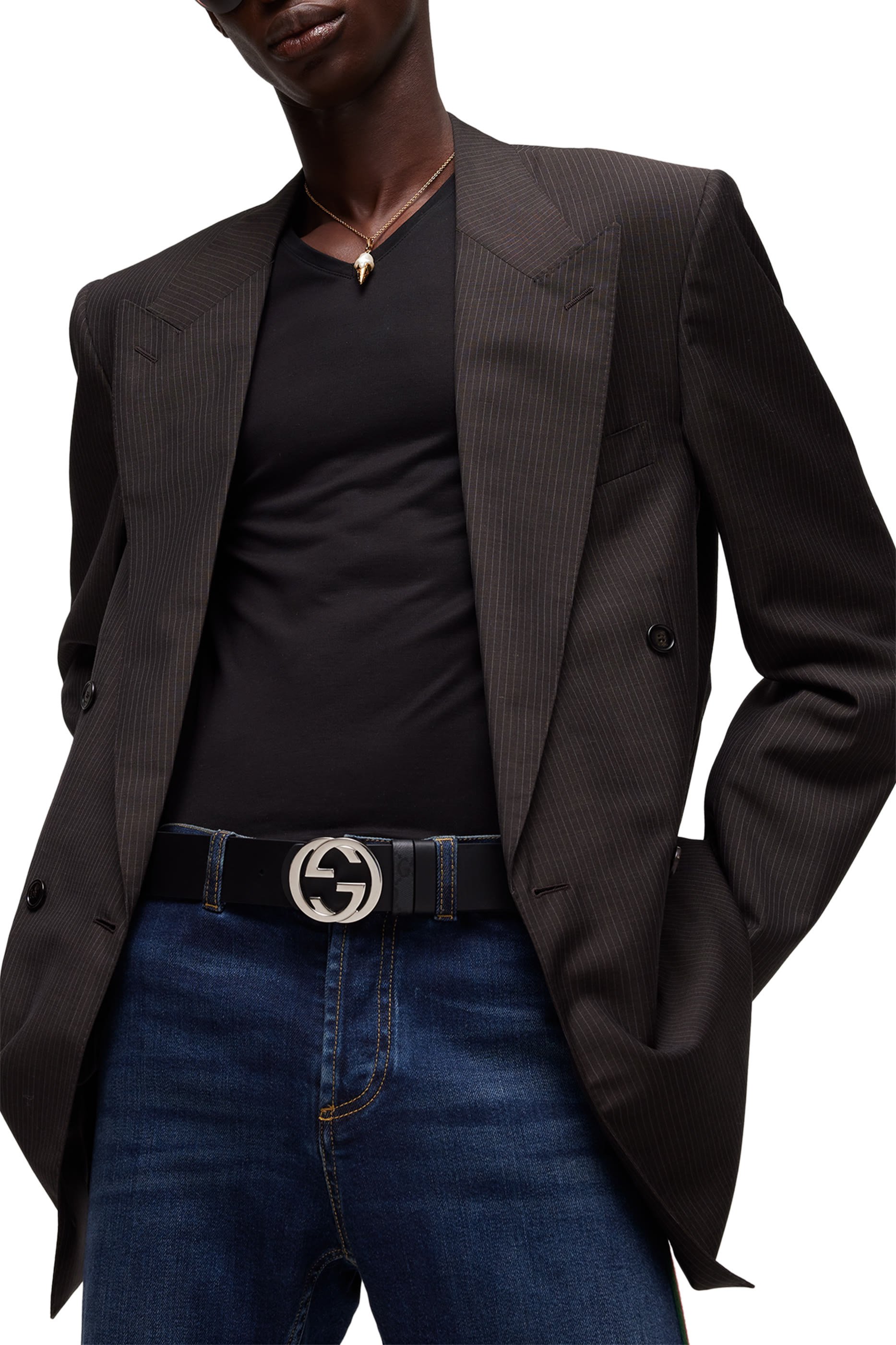 حزام بتصميم بوجهين بإبزيم بشعار الماركة متداخل