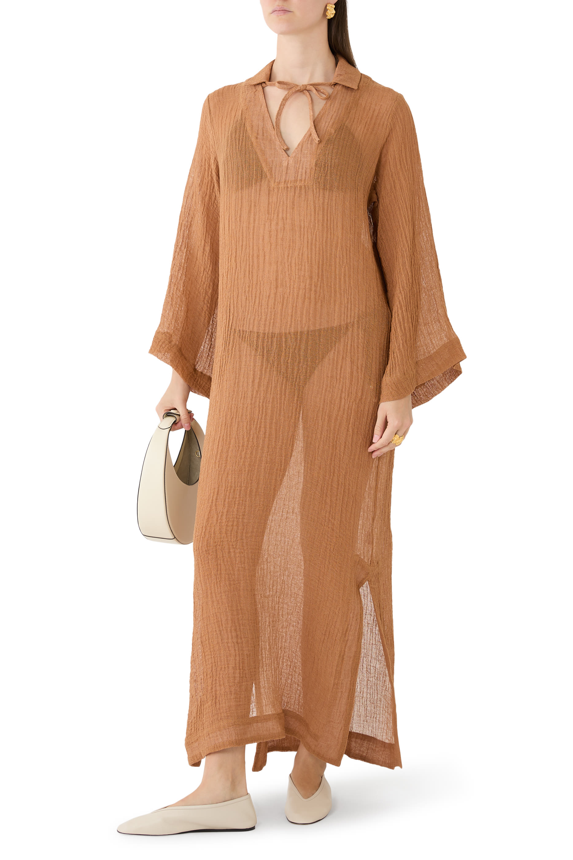 قفطان مزيج كتان متجعد خفيف الوزن