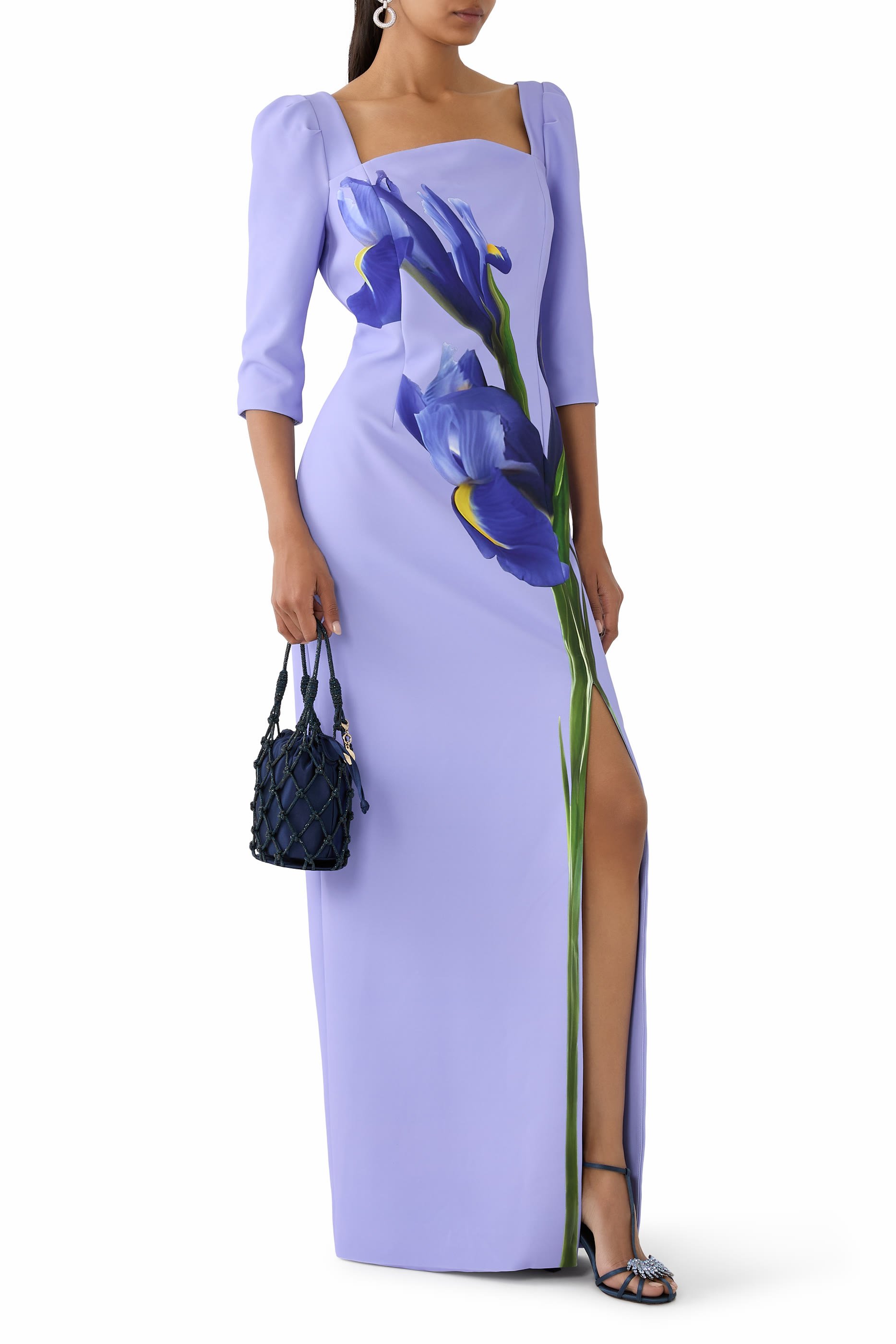 فستان سهرة بقصة مستقيمة ونقشة زهور كريب