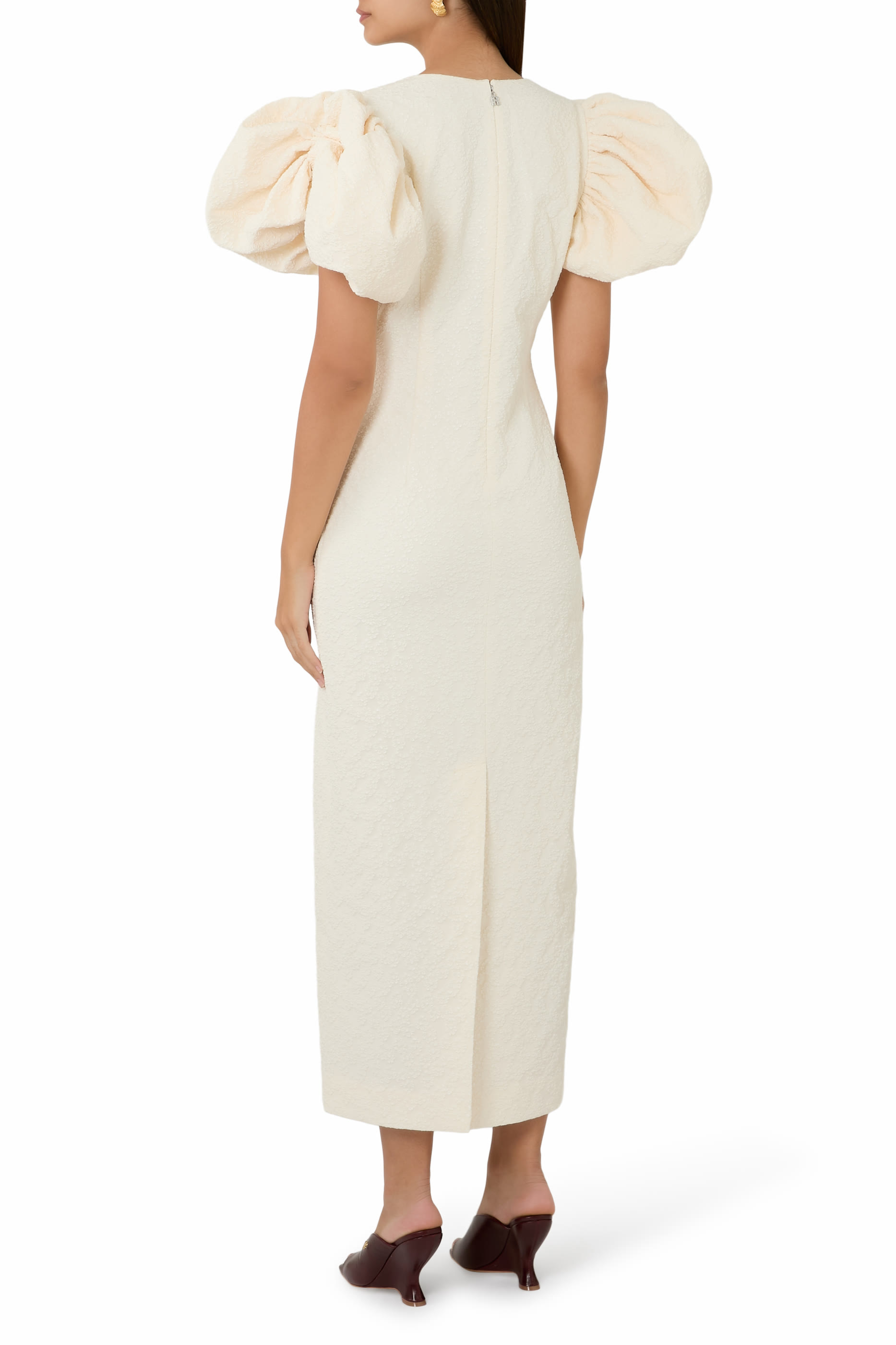 فستان متوسط الطول بأكمام منفوخة جاكار