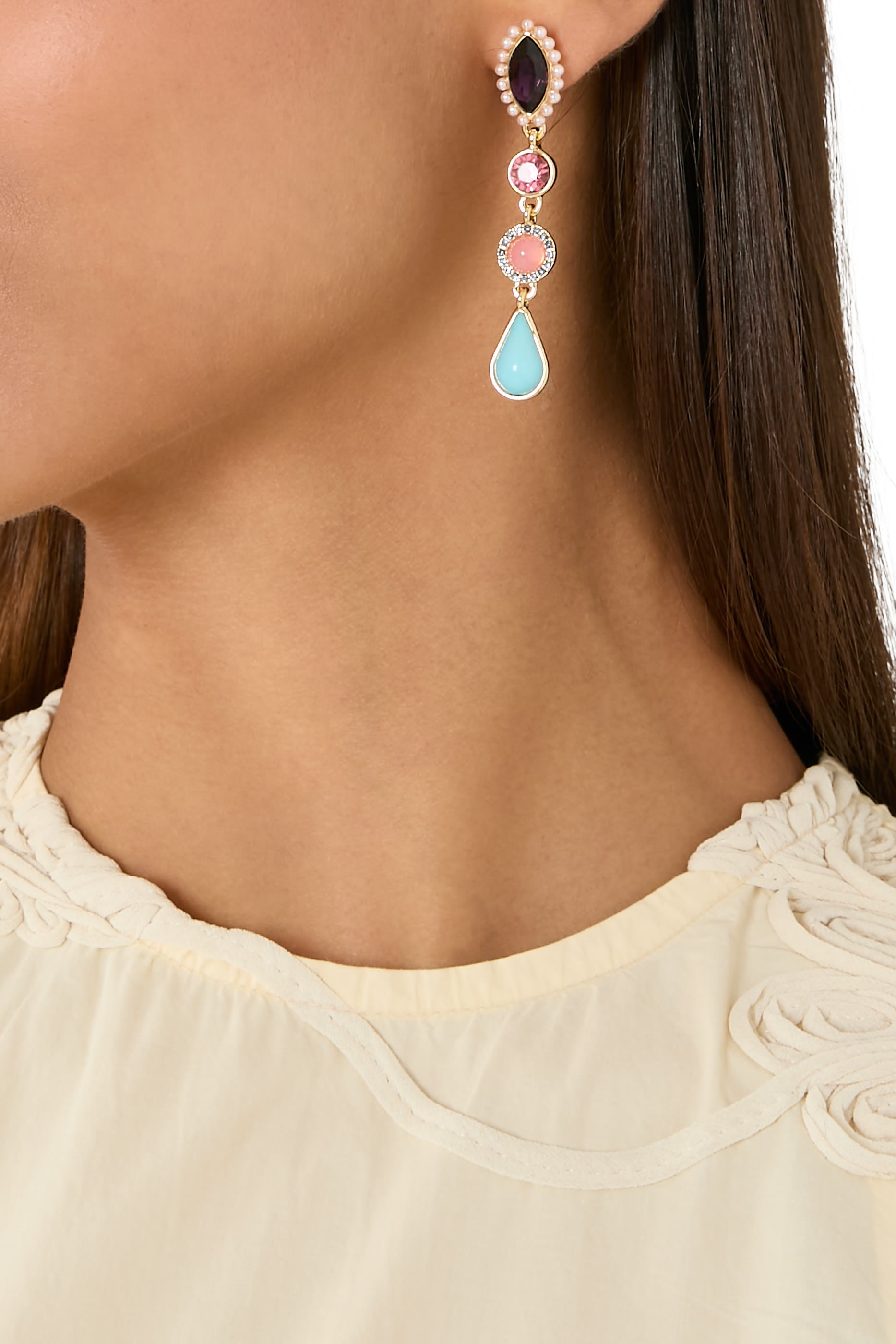 أقراط متدلية مرصعة بأحجار كريمة، كريستال نحاسي وزجاجي، لؤلؤ زجاجي، راتنج