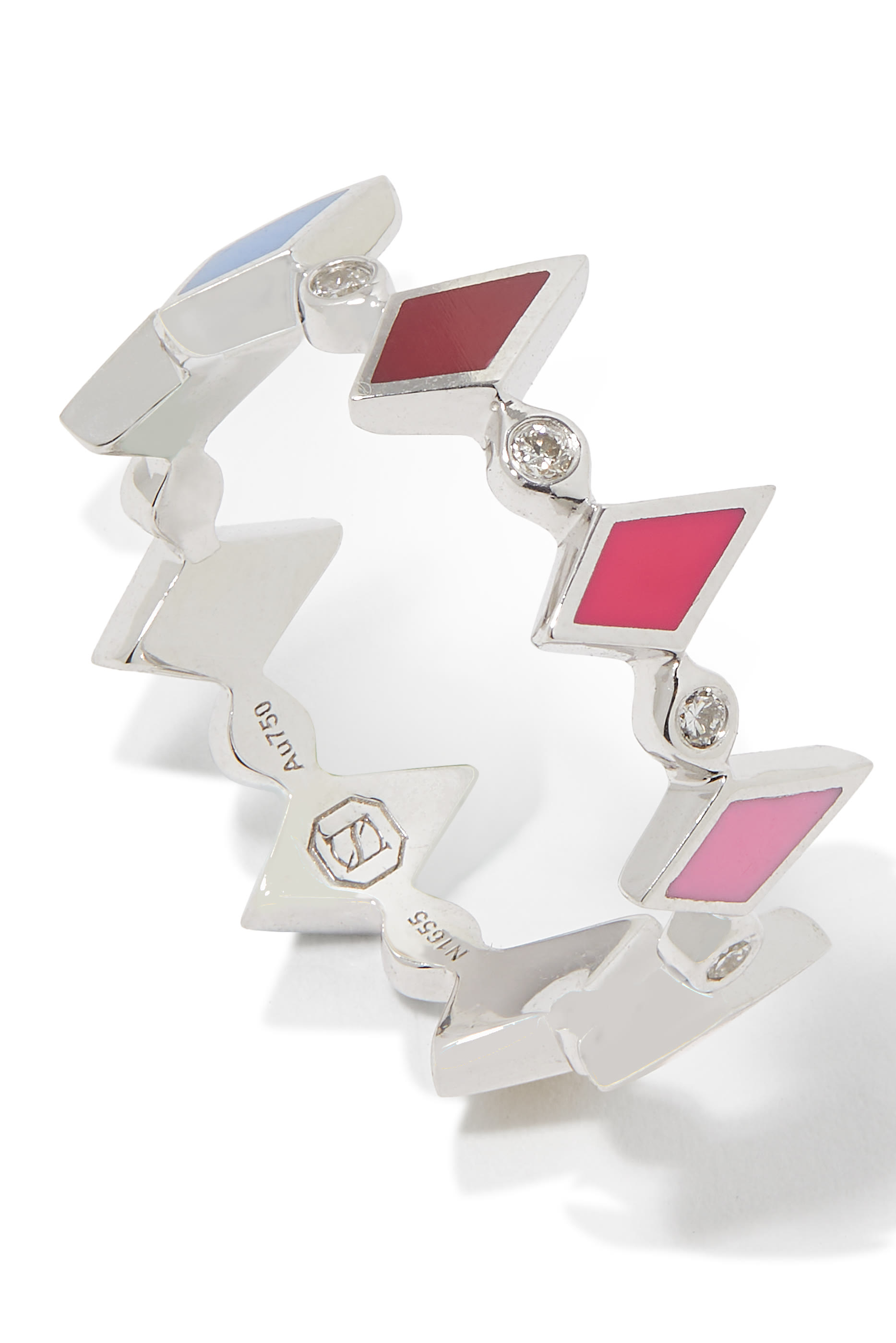 خاتم موزاييك مرصع بالماس بمينا متعددة الألوان ذهب أبيض عيار 18