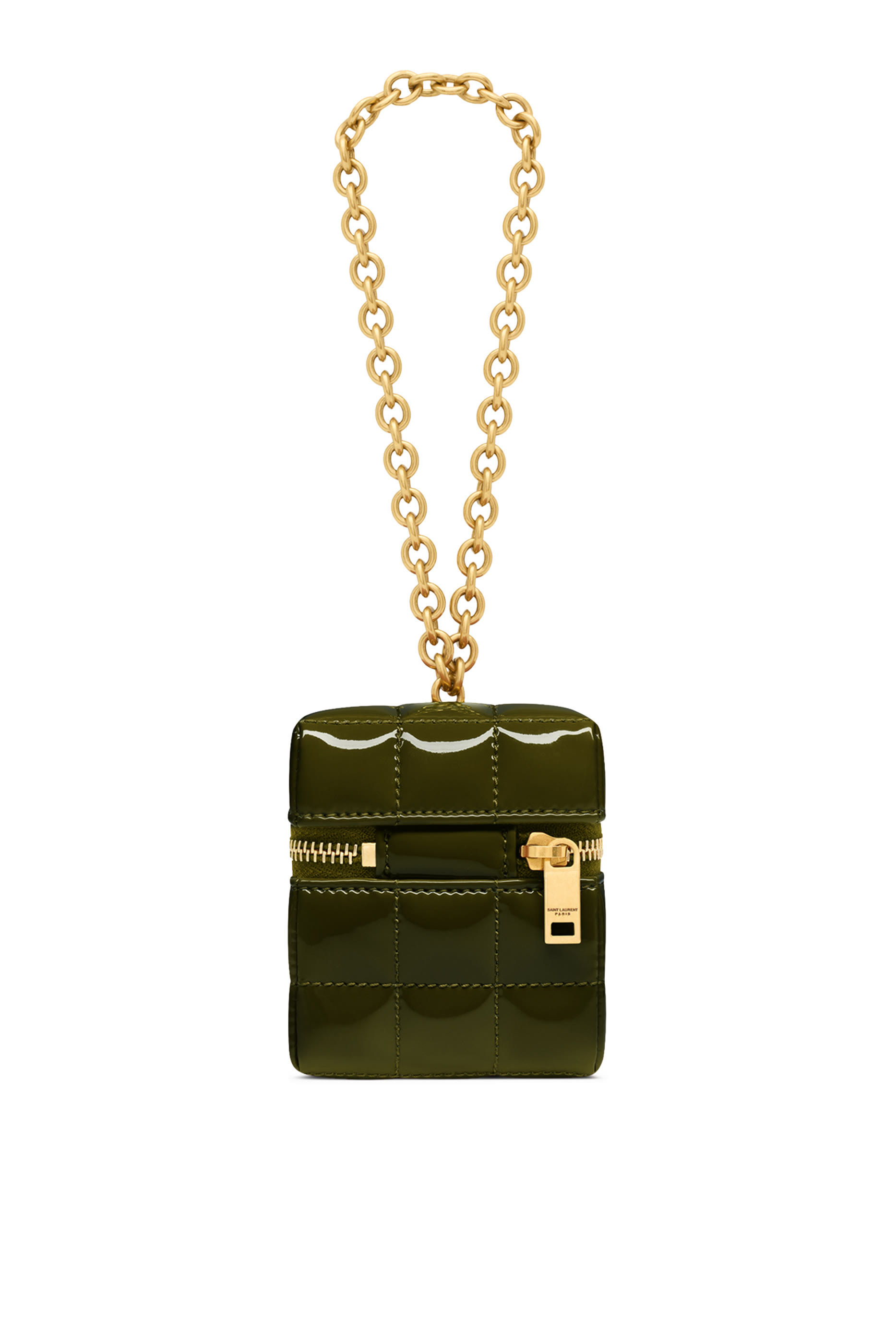 حقيبة صغيرة مبطنة بتصميم مكعب بشعار الماركة ونقشة كاري جلد لامع