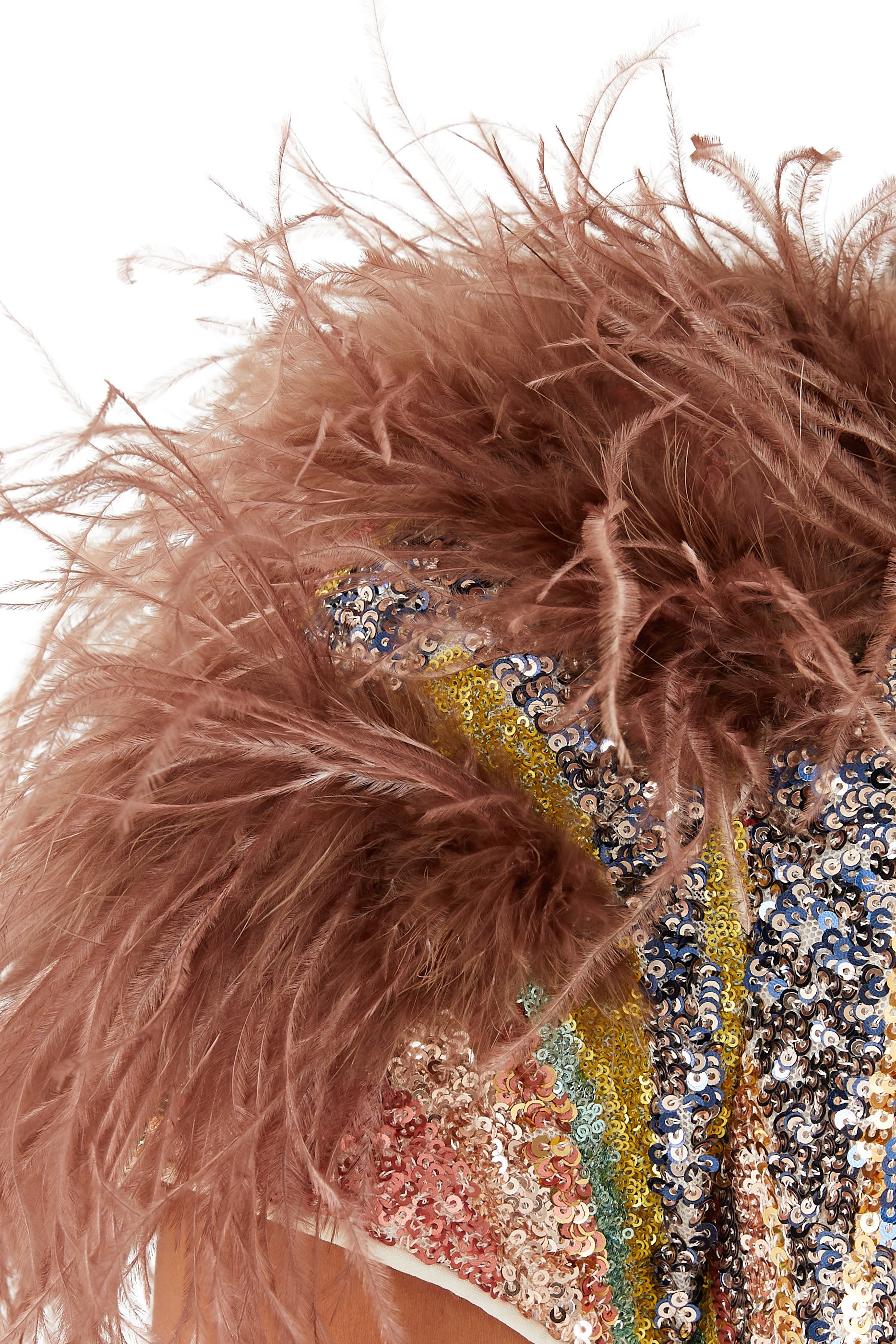 فستان سهرة مزين بالريش عند الكتف