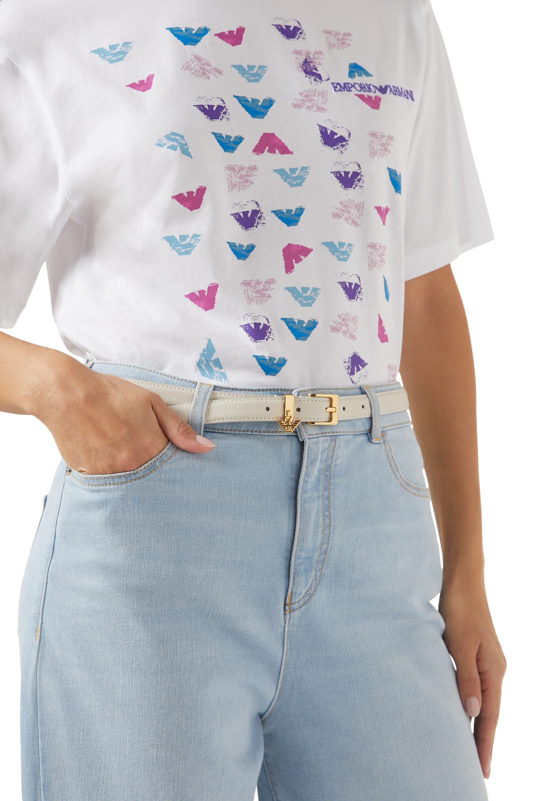 حزام بشعار الماركة جلد بنقشة جلد الغزال