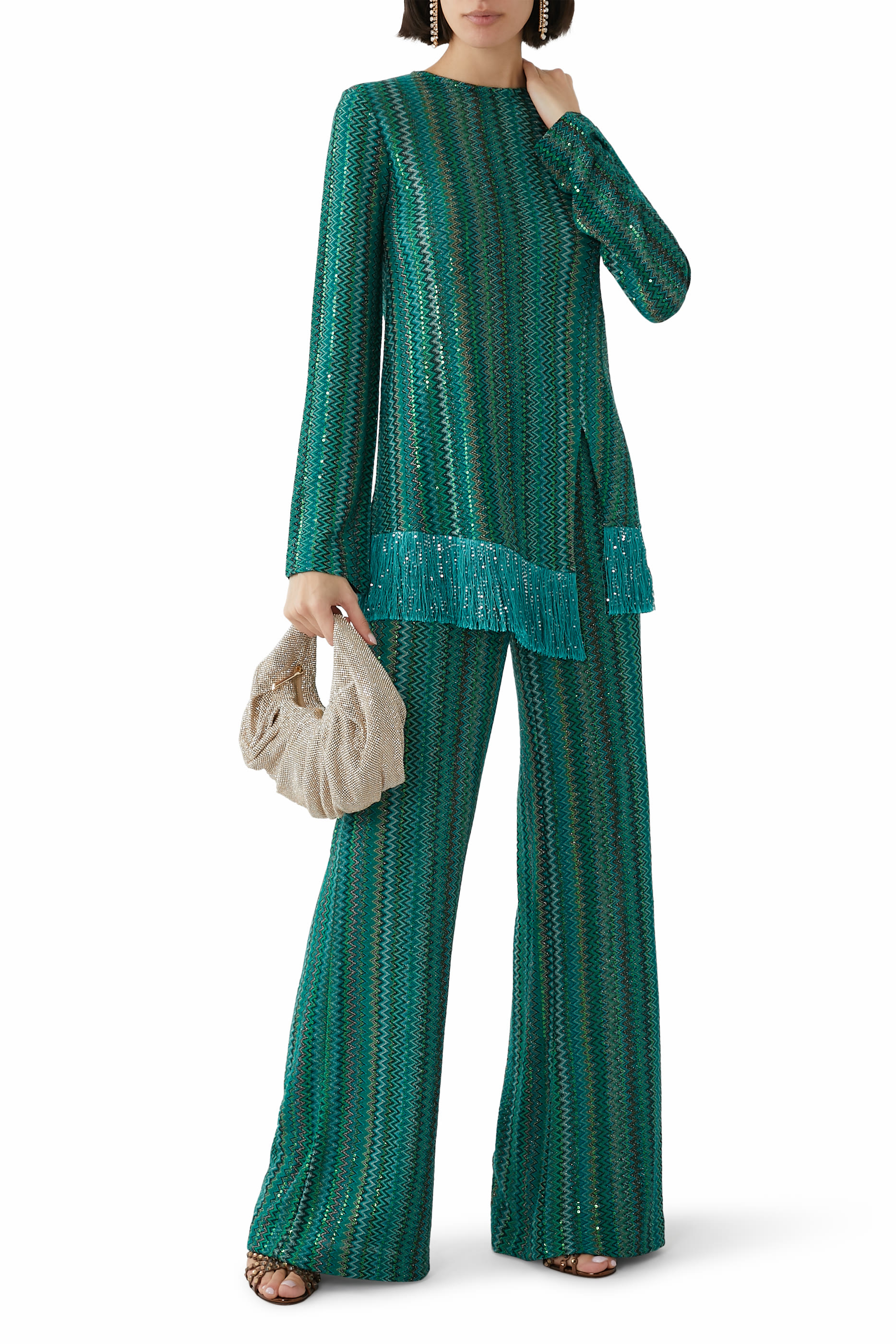 بنطال بقصة ساق واسعة بنقشة خطوط متعرجة مزين بترتر راشيل